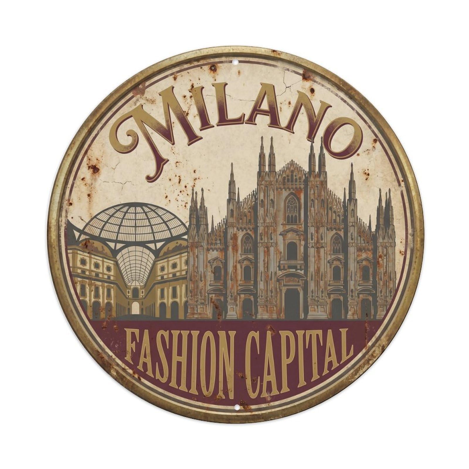 Vintage Travel Milan Cathedral Duomo Metal Tin Sign Plaque Wall Decor for Cafe, Club Bar, Office, Home Garden Round Metal Poster 8x8Inch