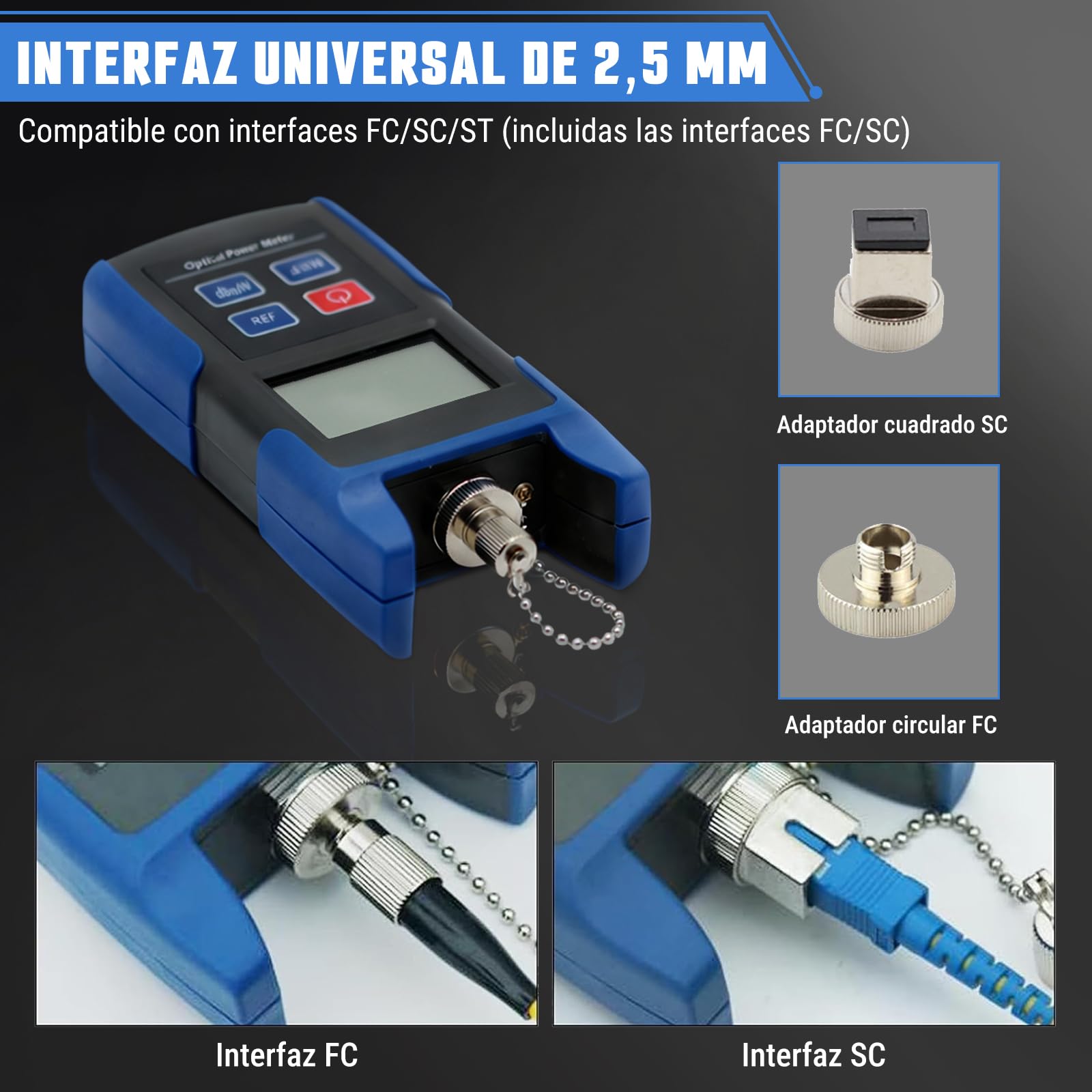 Medidor de Potencia de Fibra óptica, -70~10dbm Portátil Medidor de Potencia óptica Optical Power Meter, Probador de Fibra ópticas con 850-1625nm 6 Longitudes de Onda de Calibración Para FC/PC SC/PC