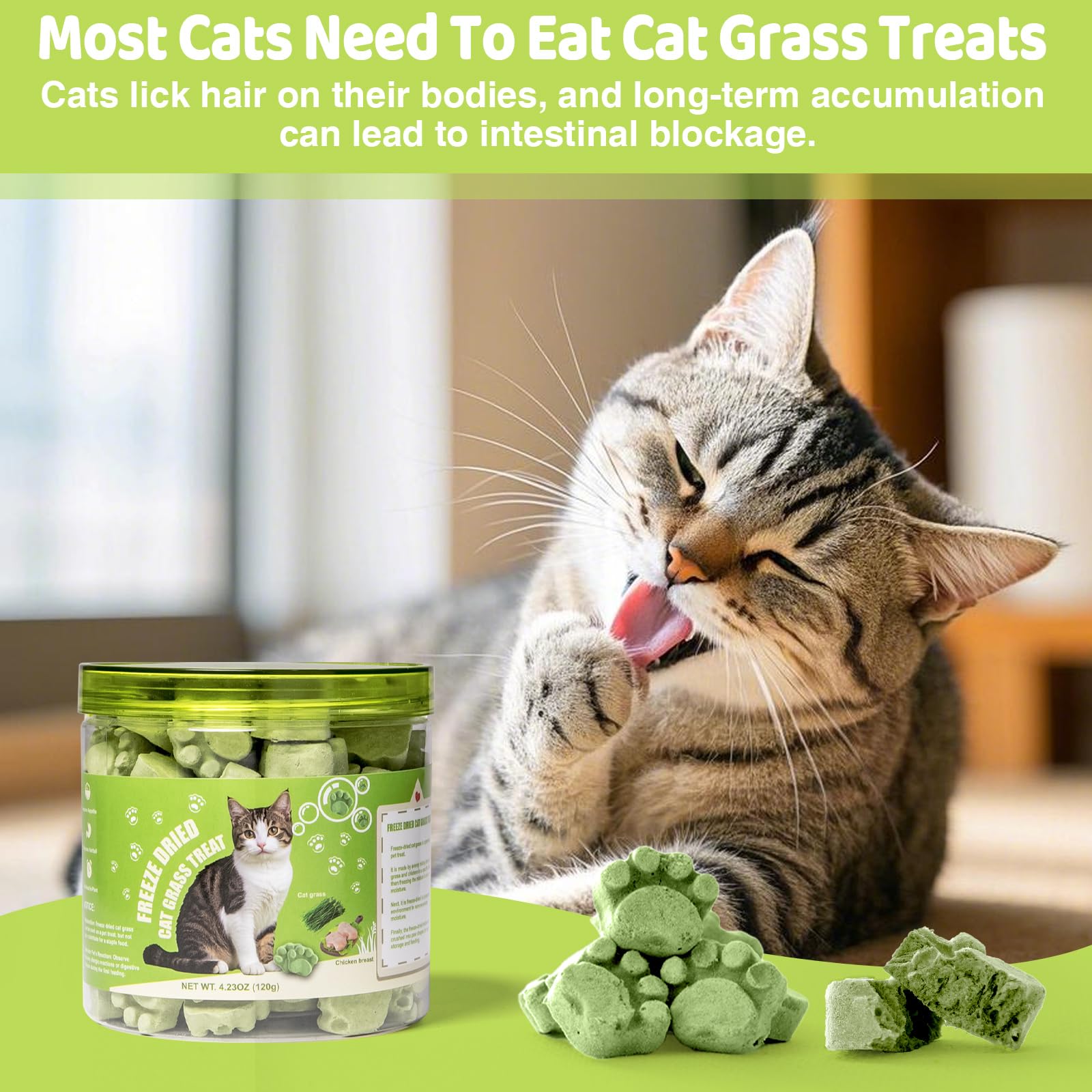 4.23oz Freeze-Dried Cat Grass Treats - Chew Grass Sticks for Hairball Removal, Natural Dried Cat Snacks (120g) 3