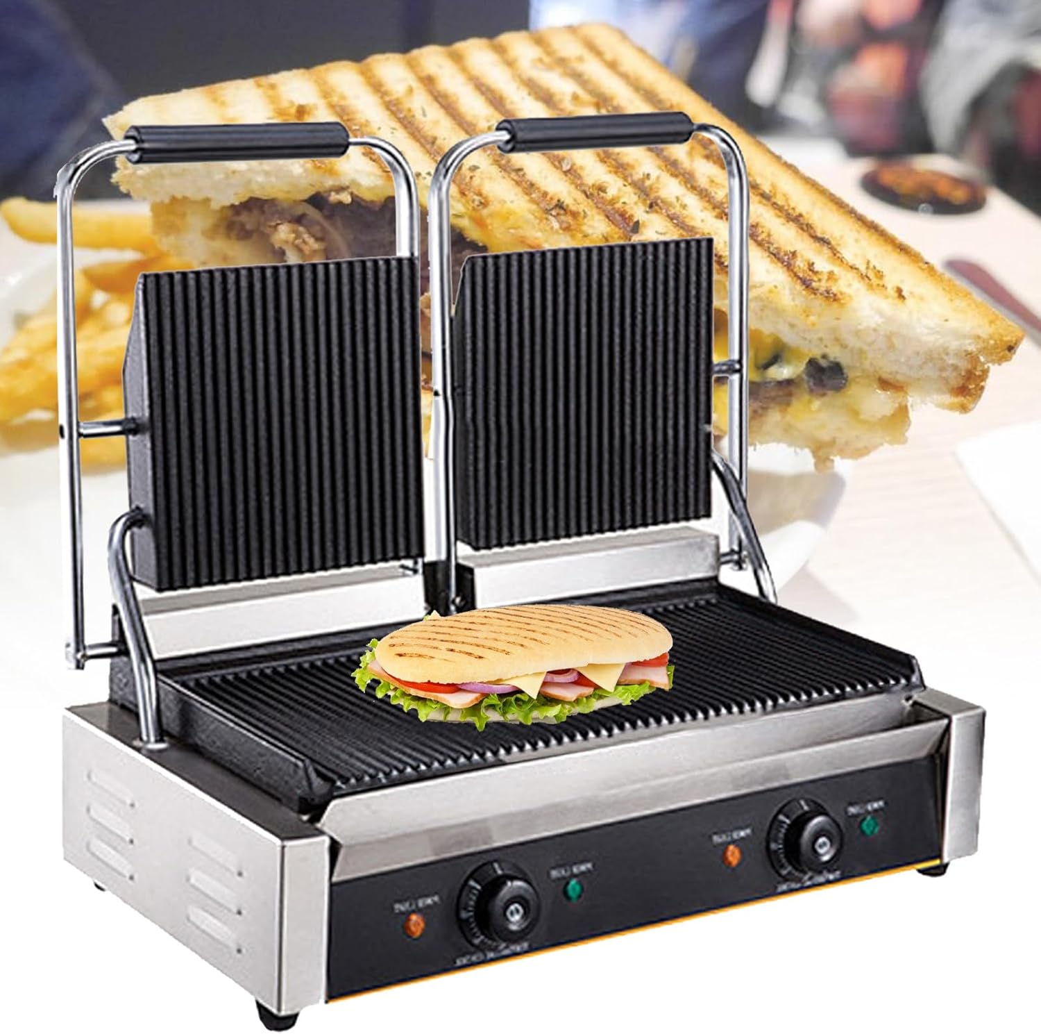 Commercial Panini Sandwich Maker, 1.8KW/3.6KW Single/Double Press Grill, Adjustable Temperature Griller, for Hamburger Steak Bacon,813A-220V