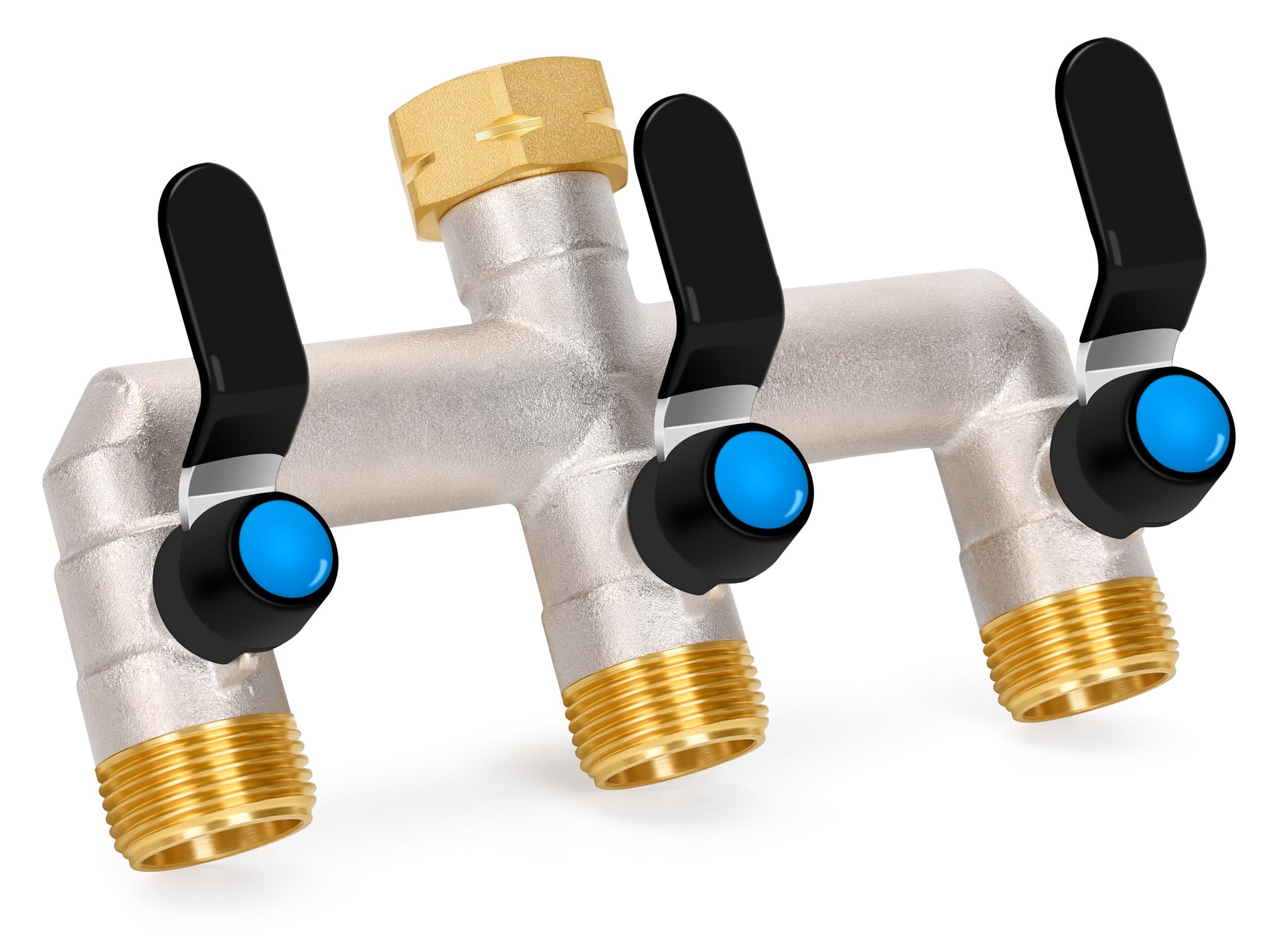 OPERMAXER 3-Wege Verteiler [Großer Durchfluss], 3/4 Zoll Wasserhahn Wasserverteiler aus Vernickeltem Messing, Griff aus 304 Edelstahl, Größerer Auslass für eine Effizientere Gartenbewässerung