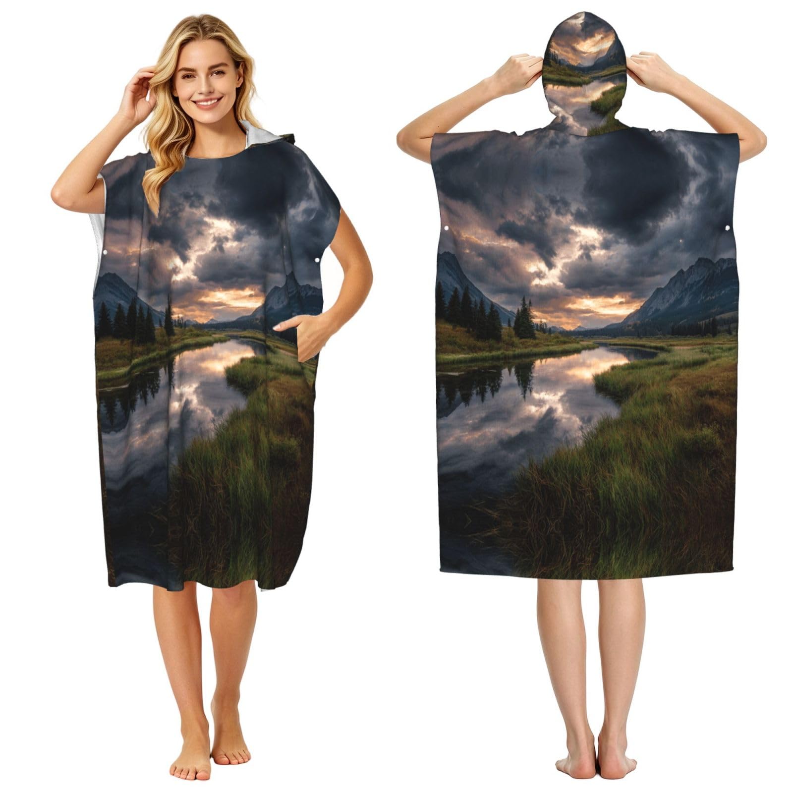 ESNAIUVCD Natural Scenery Print Changing Robe, Hooded Towel Poncho For Swimming Pool, Beach,Quick Dry Light Weight Towelling Poncho
