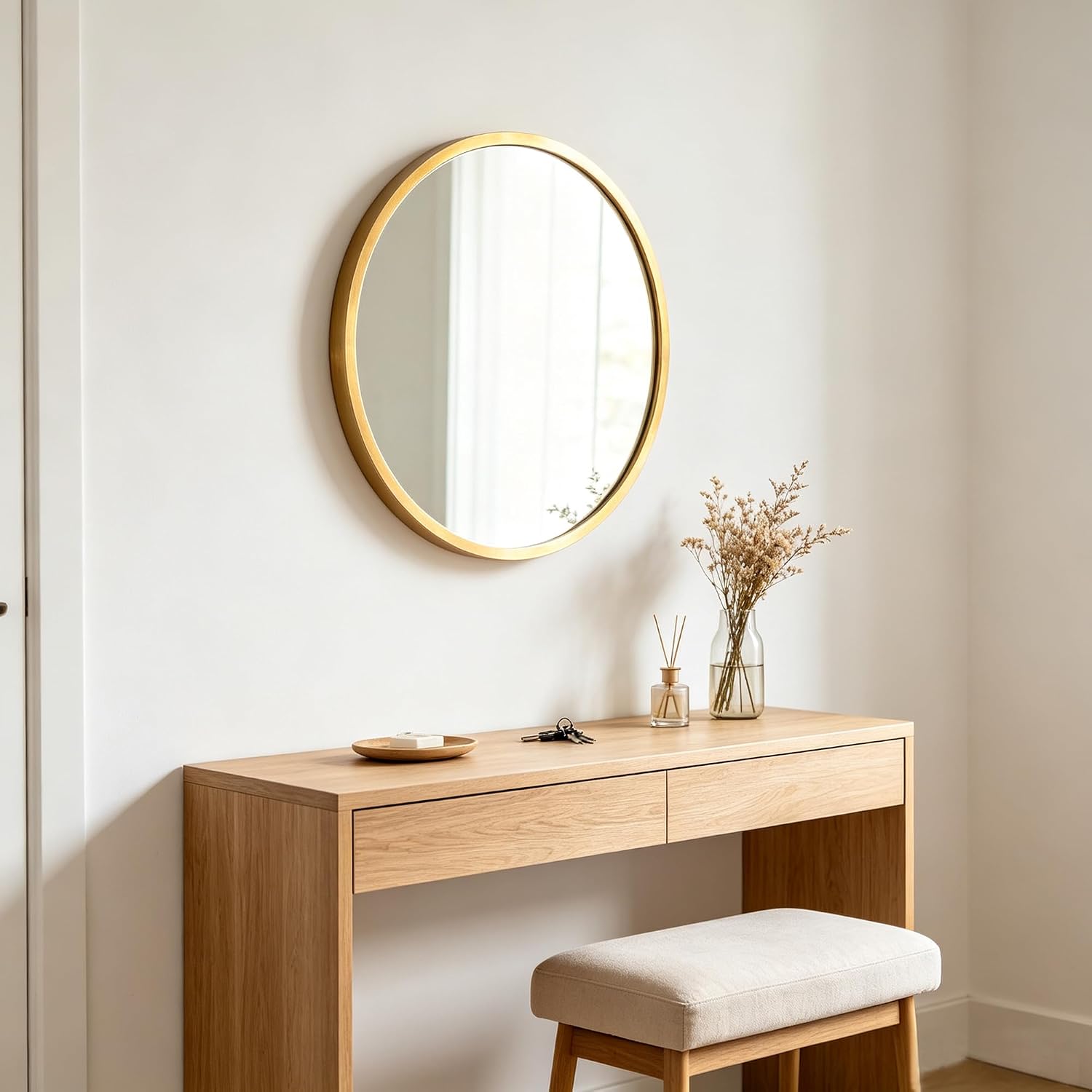 Aluminum-Frame Round Wall-Mounted Mirror, 12-Inch Wall Mirror | Round wall-Mounted Mirror with Aluminum Frame, 12-inch Small Rose Gold Metal wall Mirror, Suitable for hallways, entryways