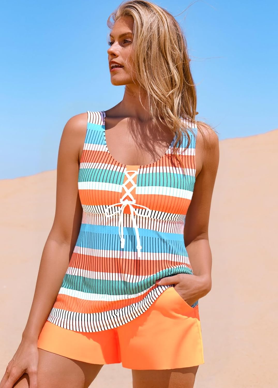 MODLILY Lace Up Womens Tankini Swimsuits with Pocket, Two Piece Bathing Suits, Racerback Tank Top with Board Shorts - Image 4