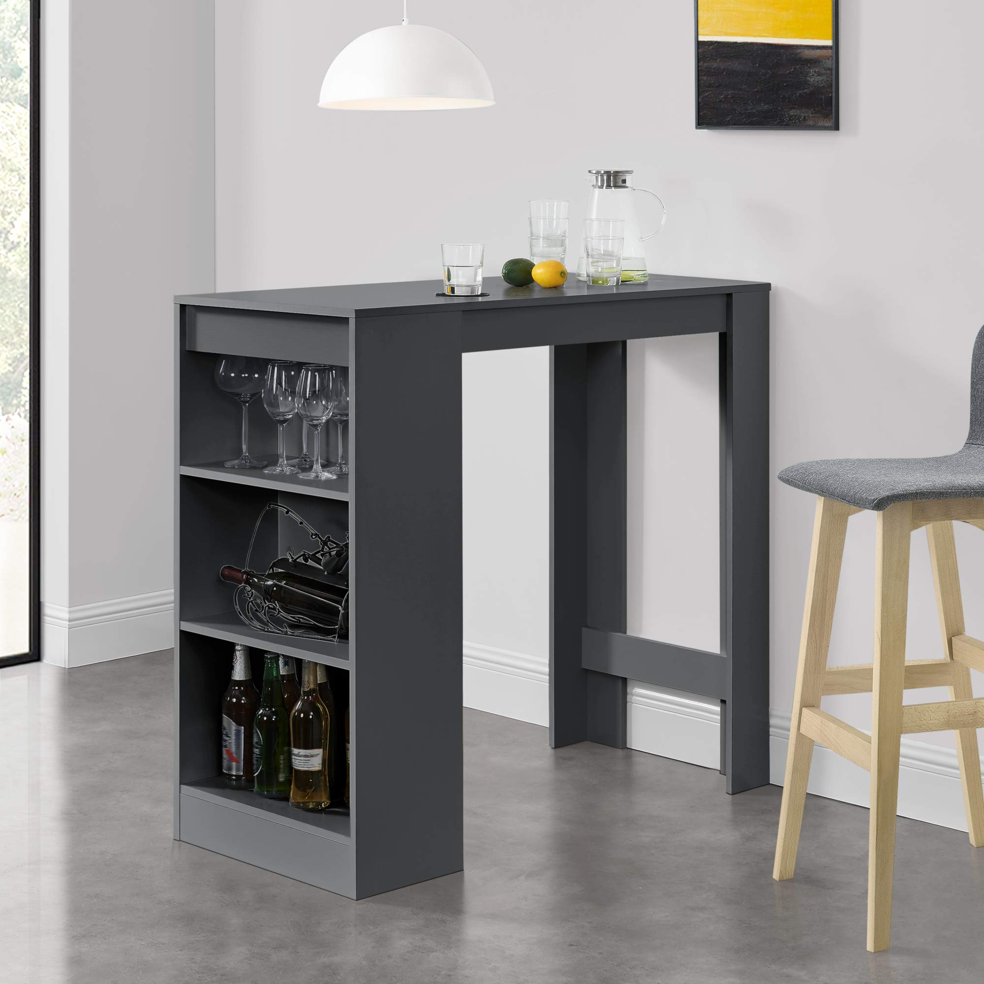 [en.casa] Mesa Alta Cocina Kouvola Mesa de Bar Bistro Elegante con 3 Compartimentos Laterales Comedor Oficina en Casa Aglomerado 110 x 50 x 103 cm - Gris Oscuro