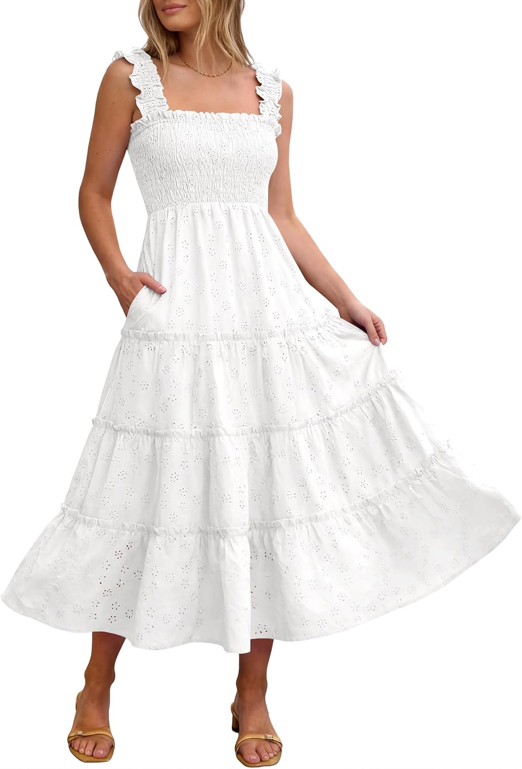 Caracilia Womens Summer Midi Dress Casual Square Neck Sleeveless Eyelet Smocked A Line Tiered 2026 Flowy Dresses with Pockets