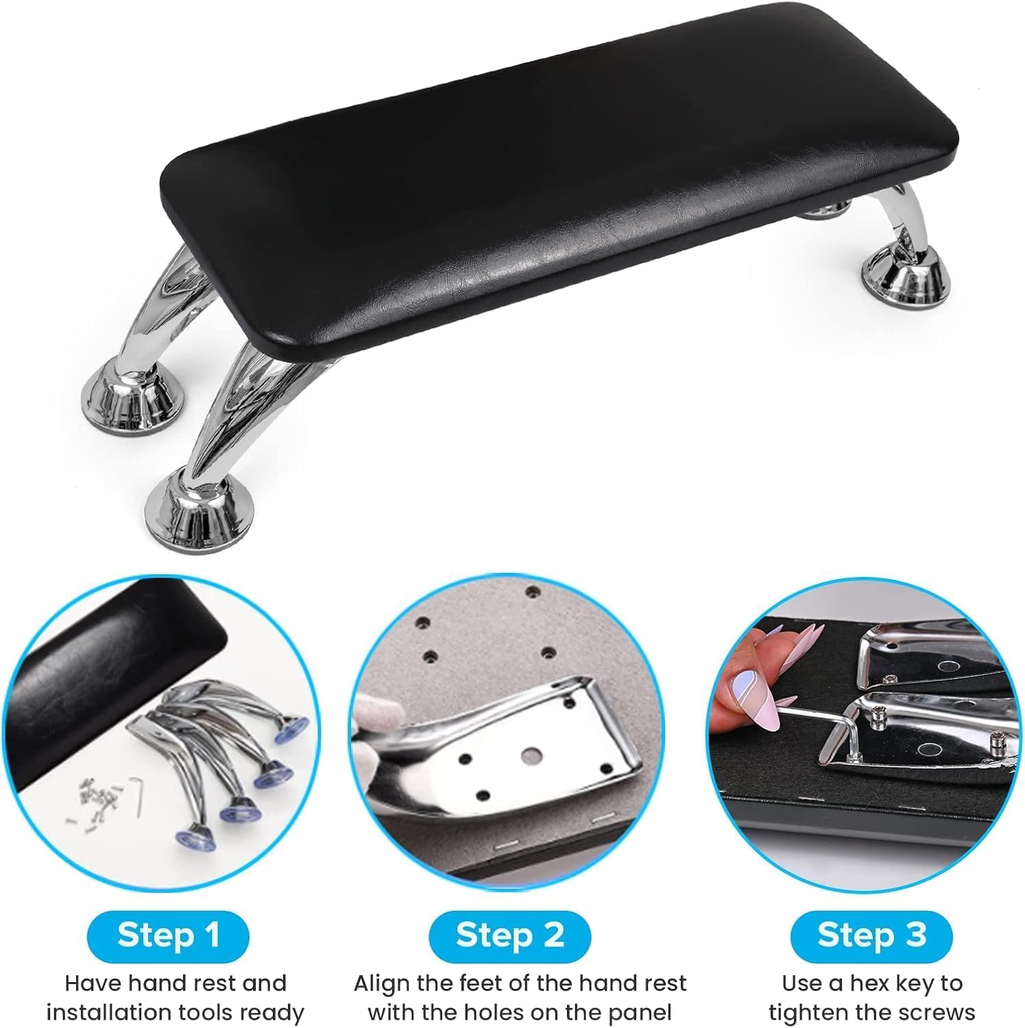 DMDENT Nail Arm Rest for Acrylic Nails, Microfiber Leather Nail Hand Rest Cushion for Nails, Soft Hand Pillow Footstool with 4 Stainless Steel Stand Thick Sponge Nail Arm Rest Pillow for Nail Tech Use(black) 1