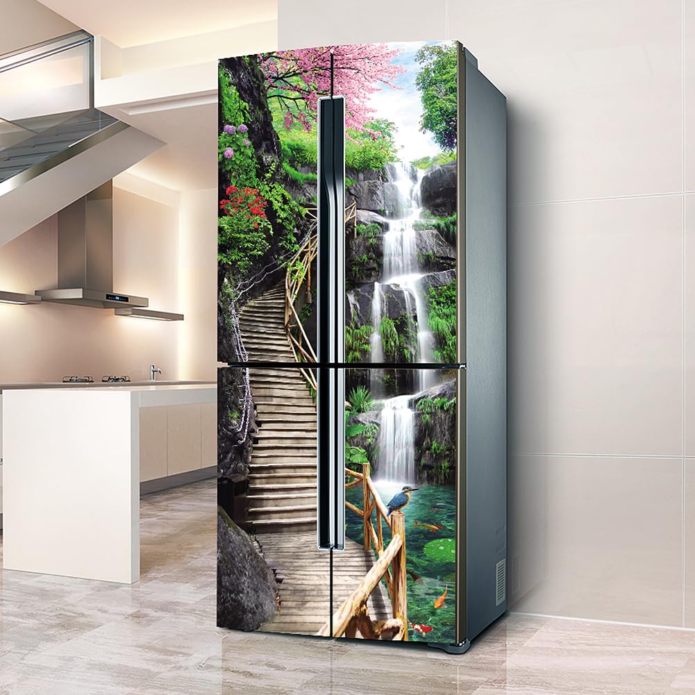 Myxjx Landscape Fridge Wrap, Full Covering Door Fridge Covers Skins Wall Stickers For Kitchen Decal, Waterfall Climbing Step
