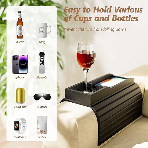 Miniatura 3 de Semounva Bandeja de brazo para sofá bandeja flexible y plegable para botellatazataza de café mesa de bambú para sofá bebidas teléfono control remoto