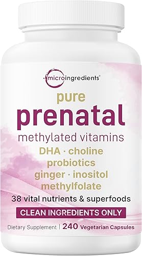 Vitaminas prenatales metiladas puras para mujeres, 240 cápsulas vegetales 38 nutrientes vitales con DHA, colina, probióticos, jengibre, inositol y
