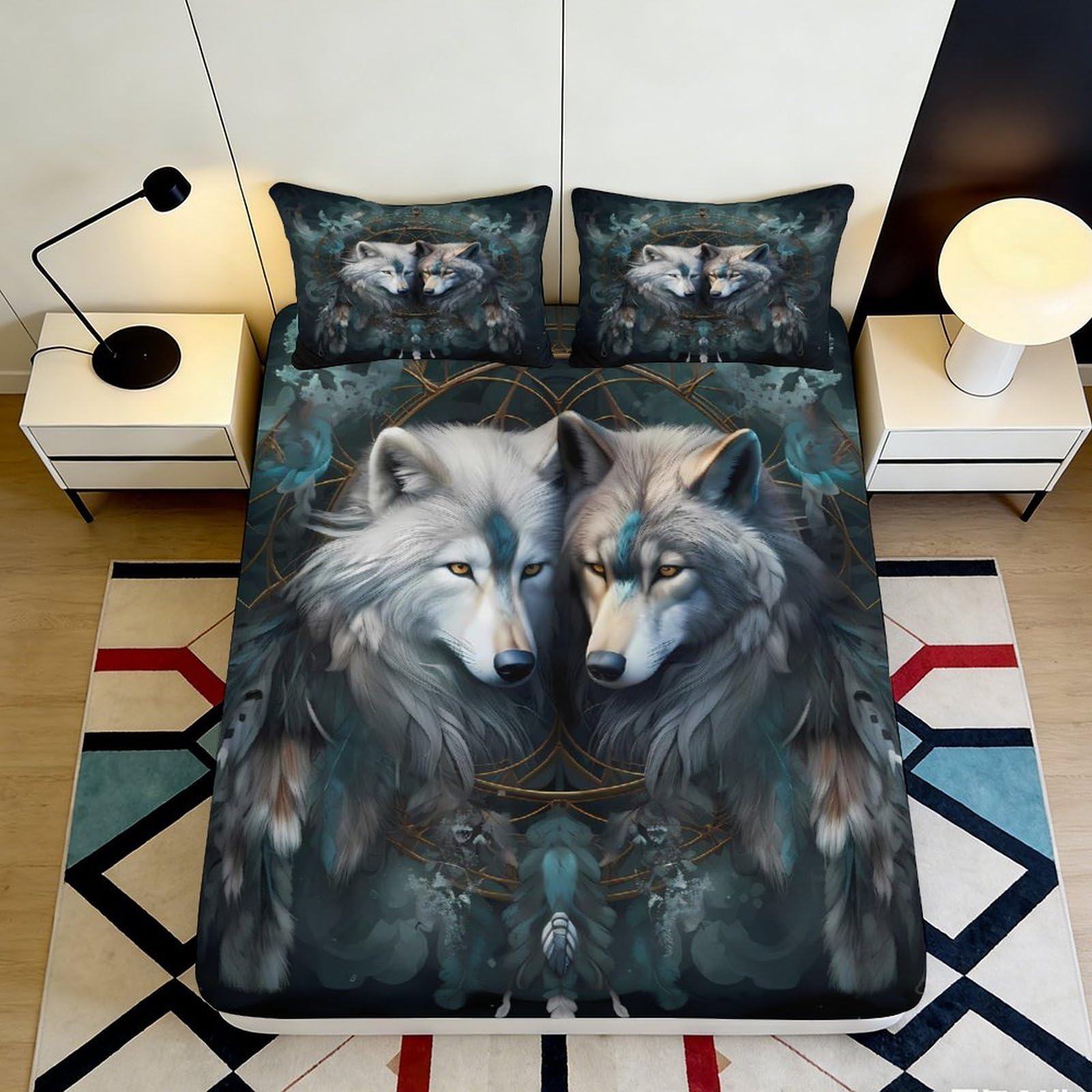 3D Printed Wolf Forest Fitted Sheet Microfiber Soft Breathable Moonlight Mattress Cover for Bedroom Dorm Mattress Protector Decor 90x200x25cm