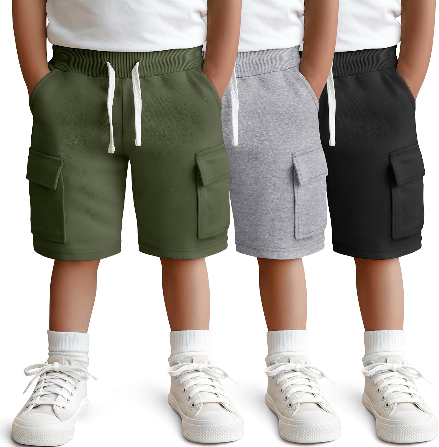 3 Pack Toddler Boys Cargo Shorts Pull On Athletic Baby Casual Shorts with Pockets Elastic Waist Drawstring