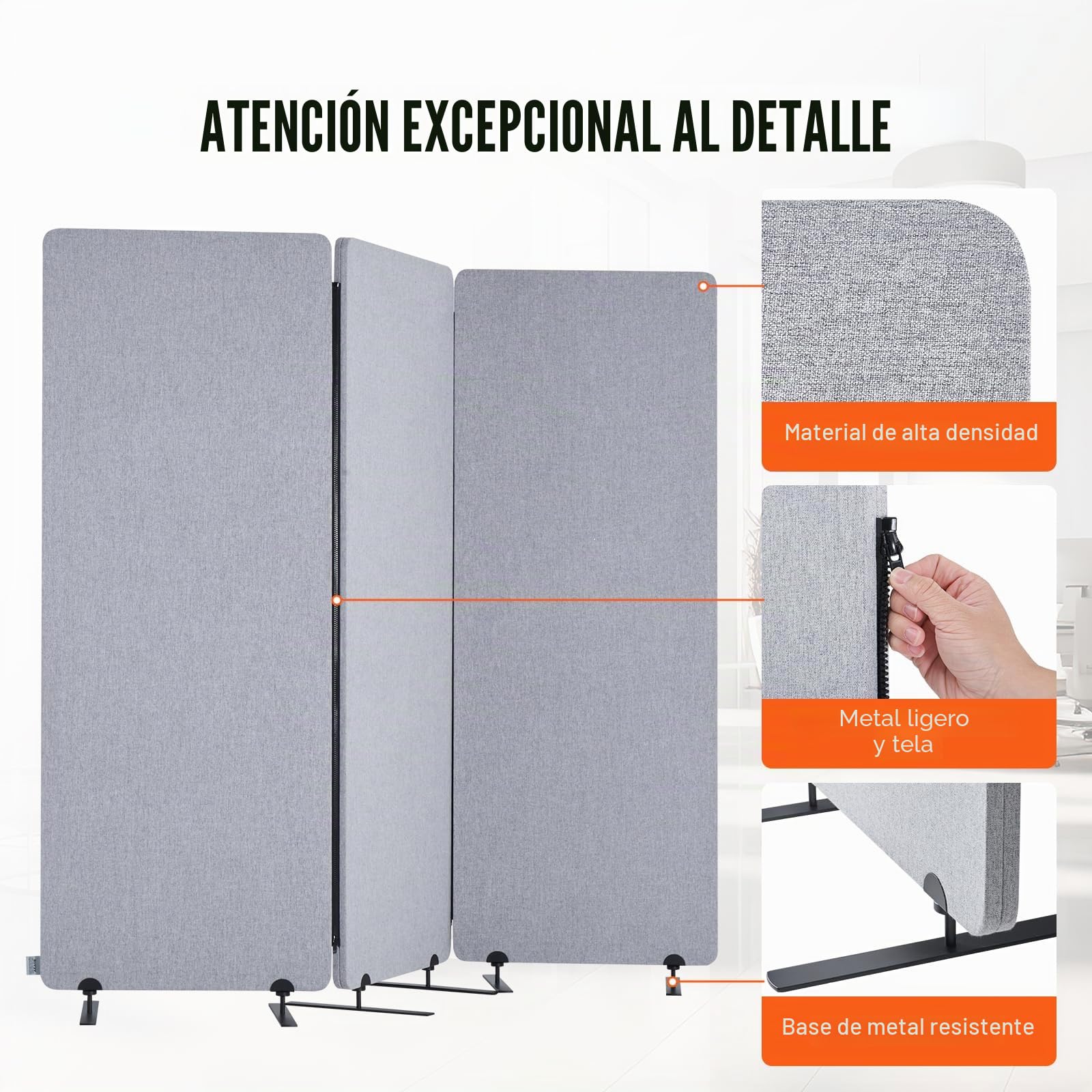 VEVOR Biombo Separador de Ambientes de 1840 x 350 x 1655 mm, Divisor Plegable de 3 Paneles de Poliéster Pet Insonorizado Mamparas Divisorias Independientes de Privacidad para Estudio de Oficina, Gris