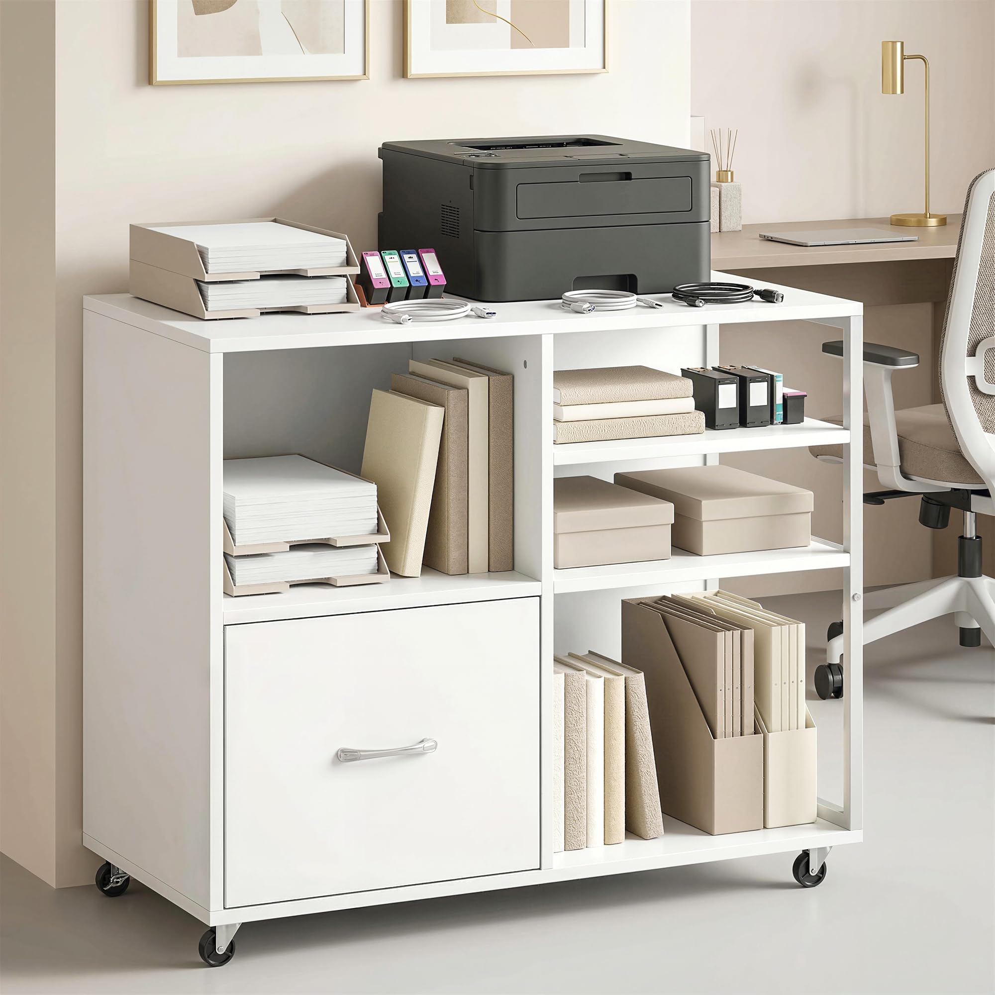 HOMCOM Mueble para Impresora con Ruedas, Mesa para Impresora con Estantes Abiertos y Cajón para Documentos Tamaño A4 y Carta, Archivador Móvil para Oficina en Casa, Blanco