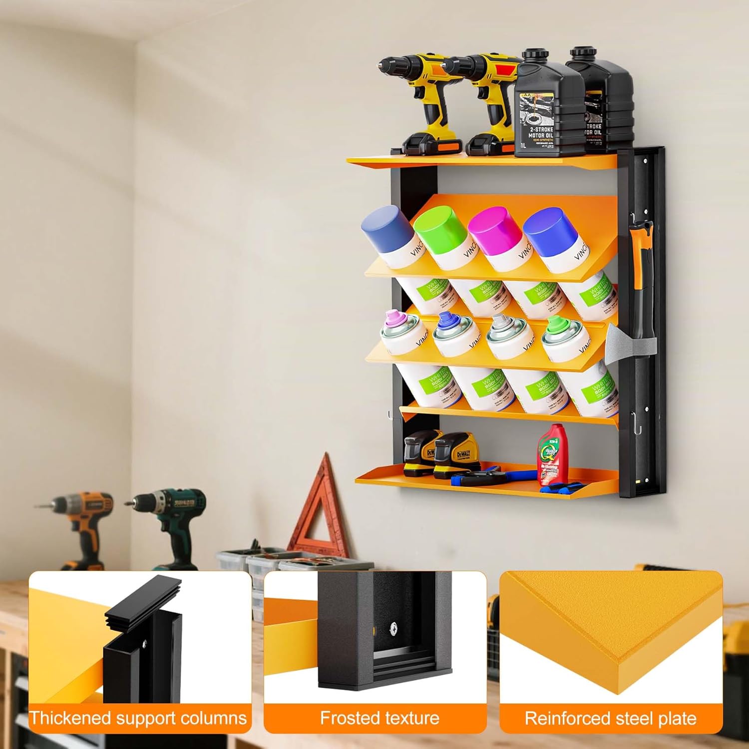 Wall Mount Spray Paint Can Holder with 2 storage shelves and 4 side hooks Spray Can Organizer Holds Heavy Duty Metal Spray Can Holder for Garage, Home, Shop