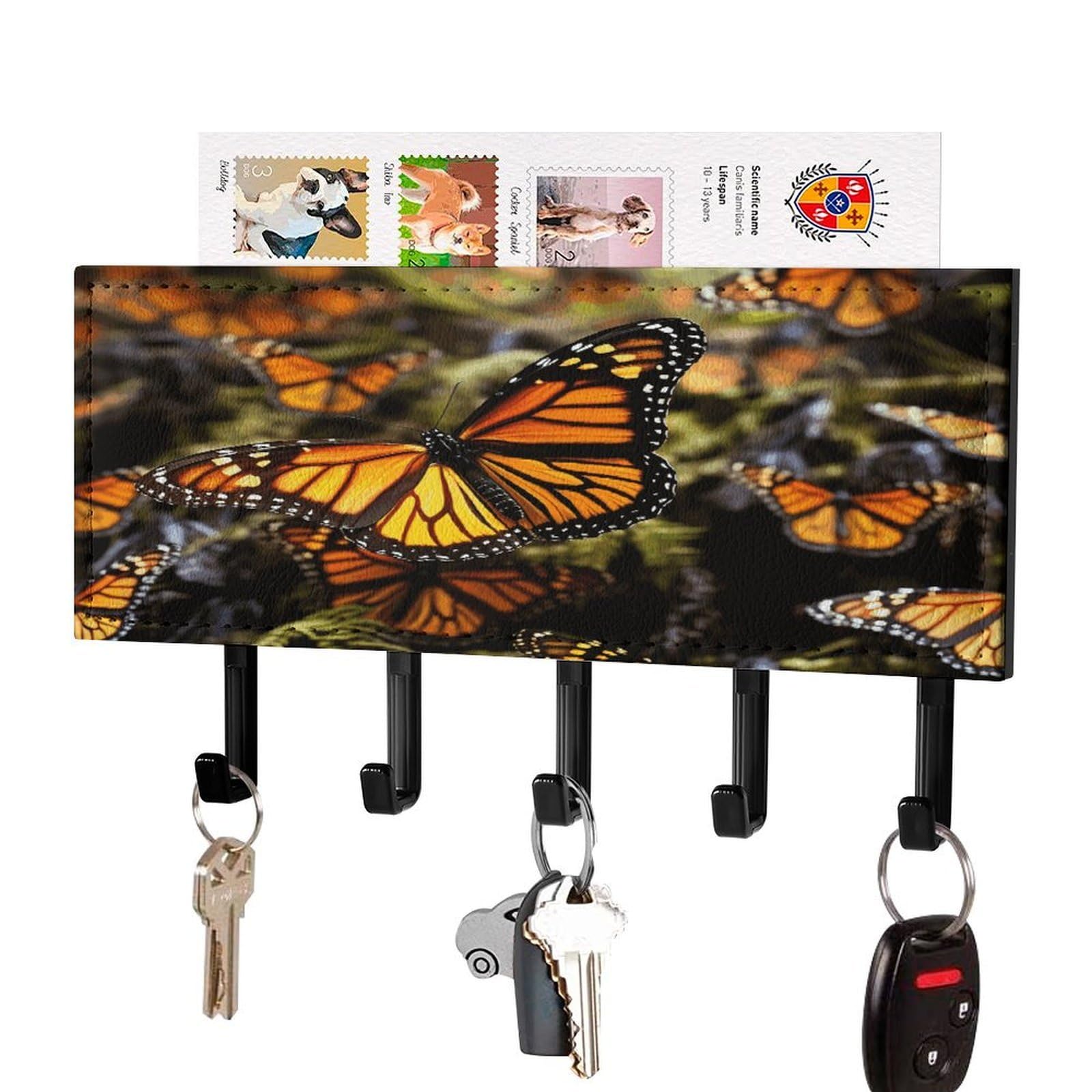 Fekiloot Black-Style Heaps Of Orange Monarch Butterflies Key Holder For Wall Decorative Mail Organizer With 5 Key Hook Self Adhesive Key Rack With Tray Coat Rack Wall Mount Key Hanger Decor For Entryway Door