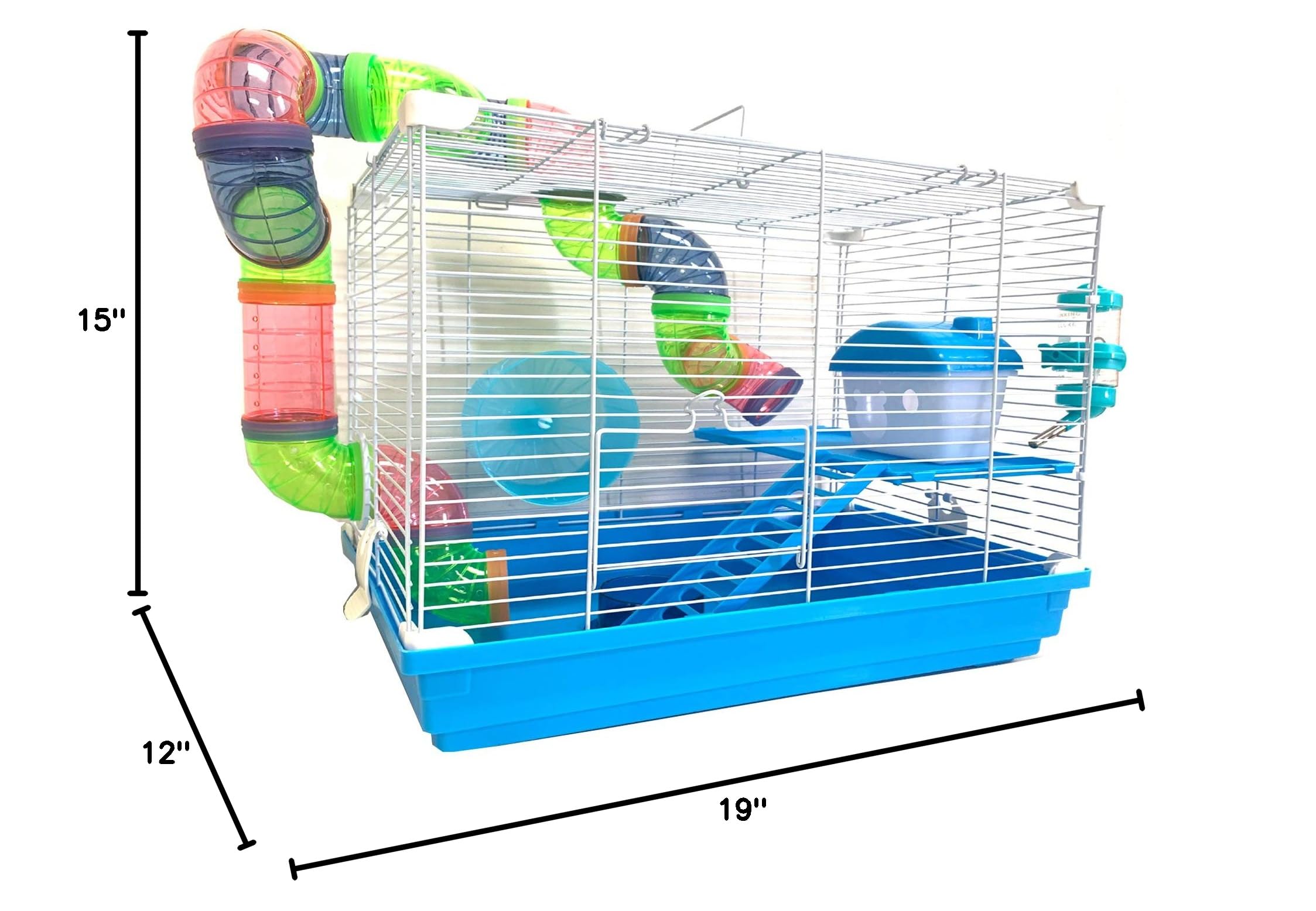 2 Levels Habitat Hamster Home Rodent Gerbil Mouse Mice Rat Wire Cage with Complete Set of Accessories (18" L x 12" W x 15" H, Blue)
