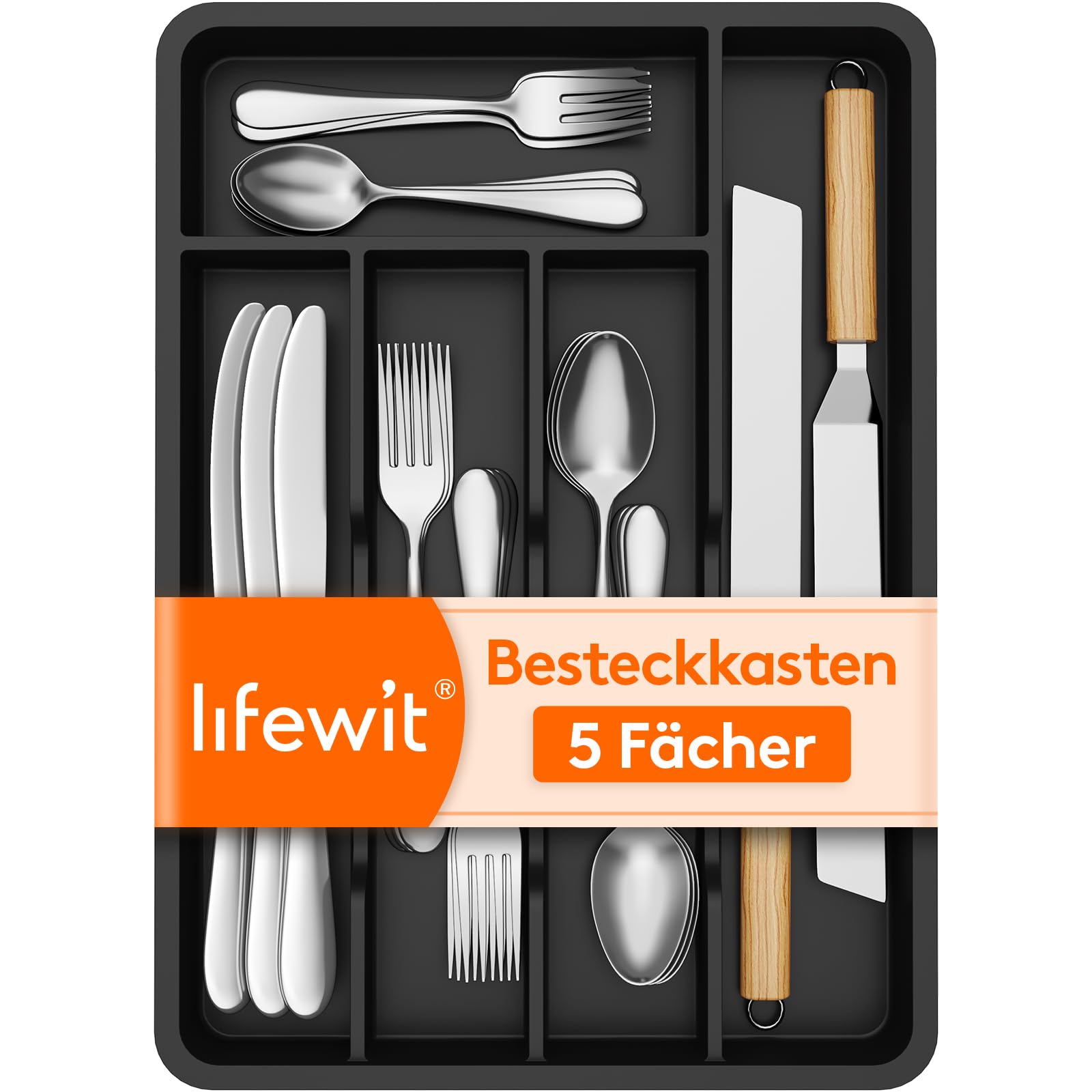 Lifewit kleiner Besteckkasten für Schubladen, 5 Fächern Besteck Organizer, 24 x 34 cm Schublade Organizer Küche, Besteckeinsatz Utensilienhalter aus Kunststoff für Löffe/Gabeln/Messer, Schwarz