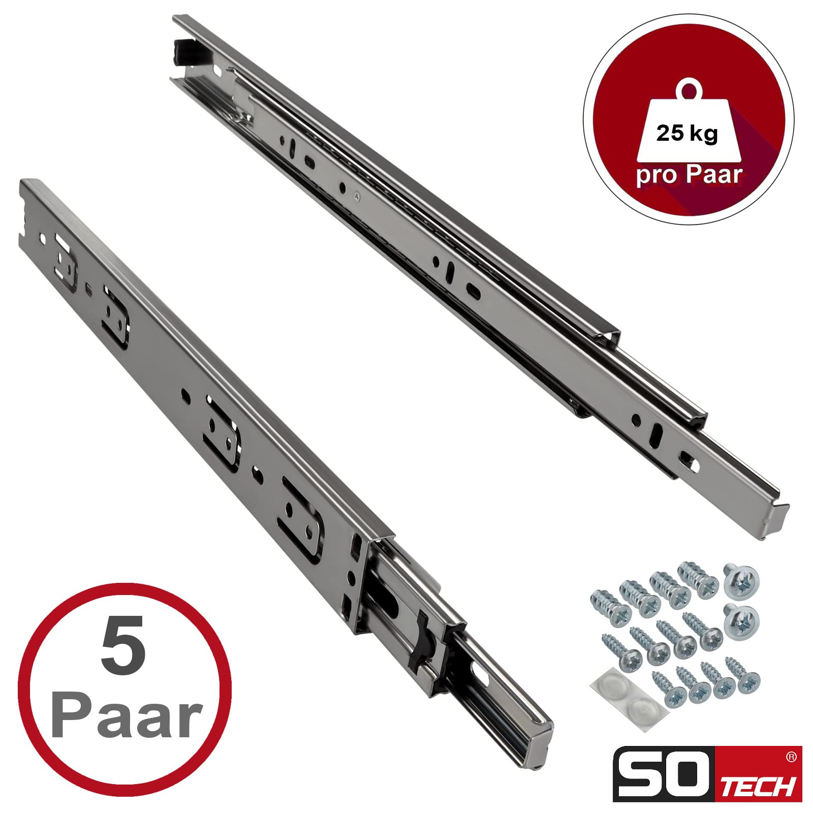 SOTECH 5 pares de guías de extracción total KV-25-H35-L500-NF-MS 500 mm versión estándar, capacidad de carga 25 kg, extracción del cajón incl. juego de tornillos