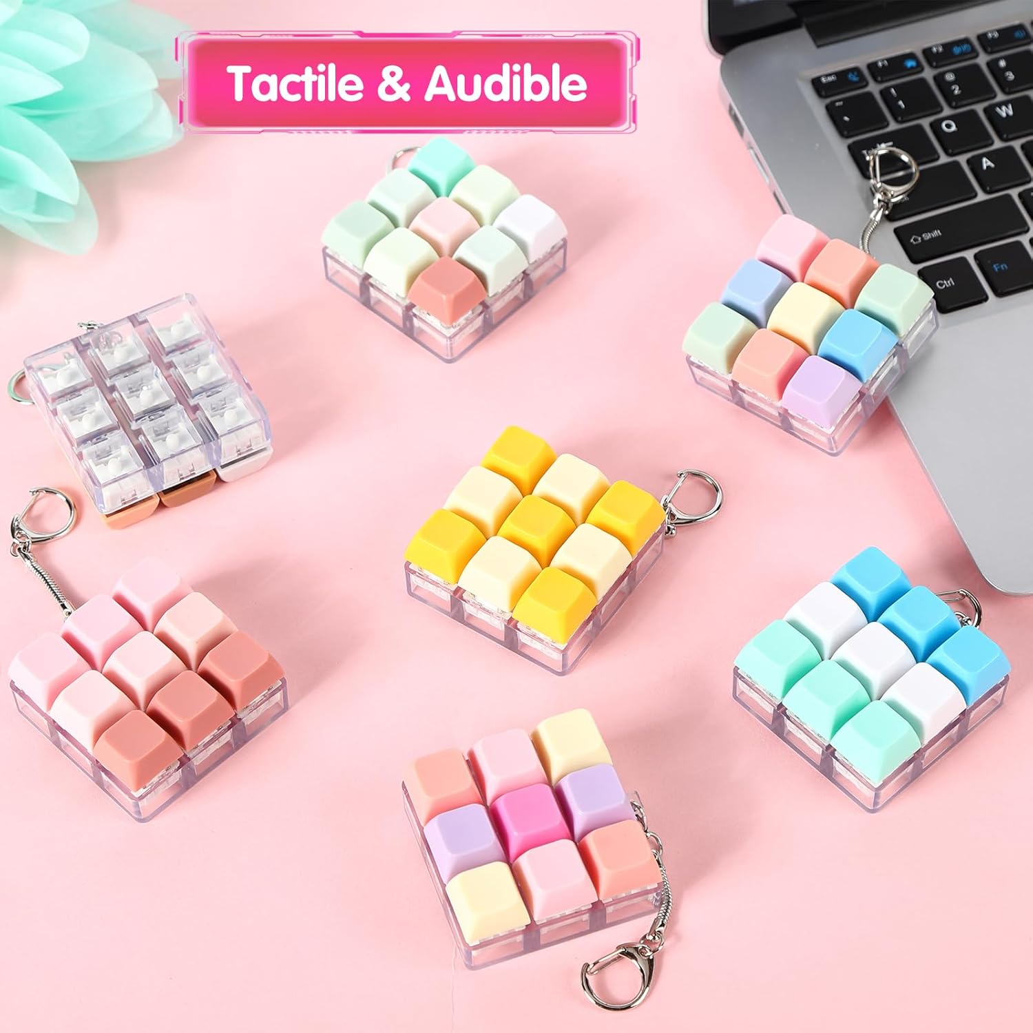 8 Pcs Keyboard Fidget Keychain Keycap Stress Relief Fidget Keyboard Clicker for Office Gifts Adults ( 9 keys )
