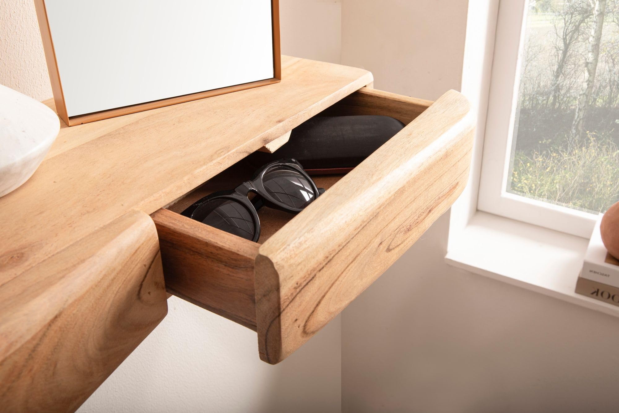 FineBuy Wandregal Akazie Massivholz 100cm mit DREI Schubladen - Design Regal für die Wand - Holz Wandboard mit Stauraum - Schwebendes Hängeregal aus Echtholz