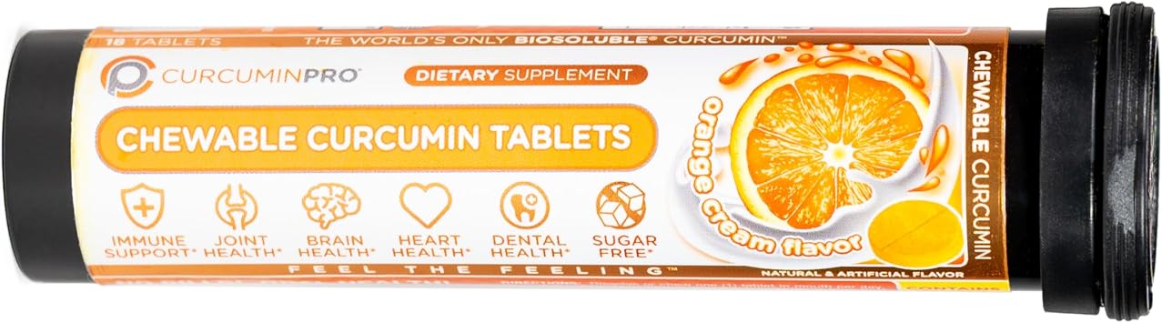 curcuminpro Chewable Tablets | BioSoluble Organic Turmeric Curcumin | Sugar-Free | Movement Support | 18 Count | Orange Cream Flavor