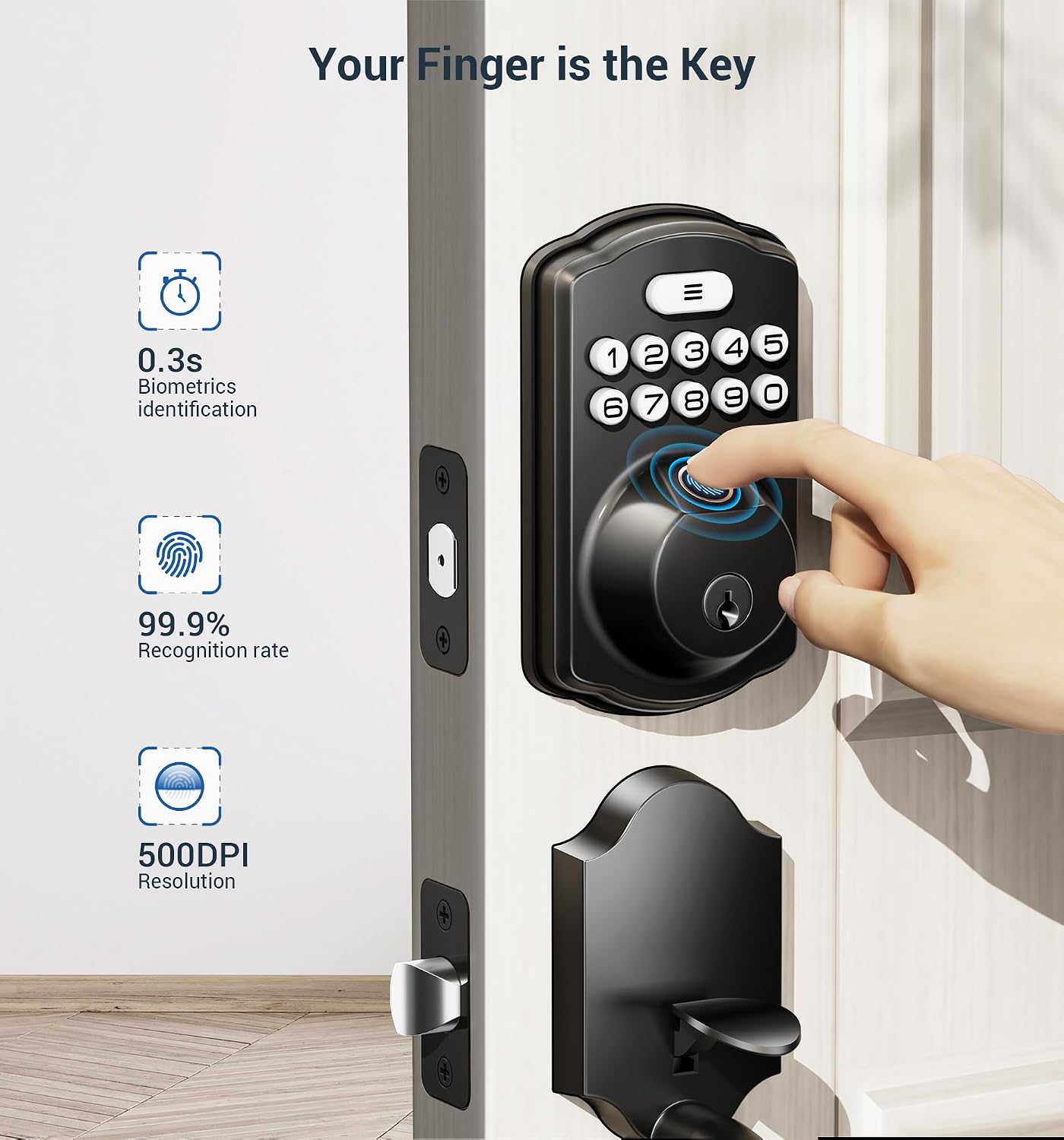 Veise Fingerprint Door Lock Set, Keyless Entry Door Lock, Front Door Handle Sets, Electronic Keypad Deadbolt with Lever Handle, 2 Keys, Auto Lock, Code Door Lock, Easy Installation, Matte Black