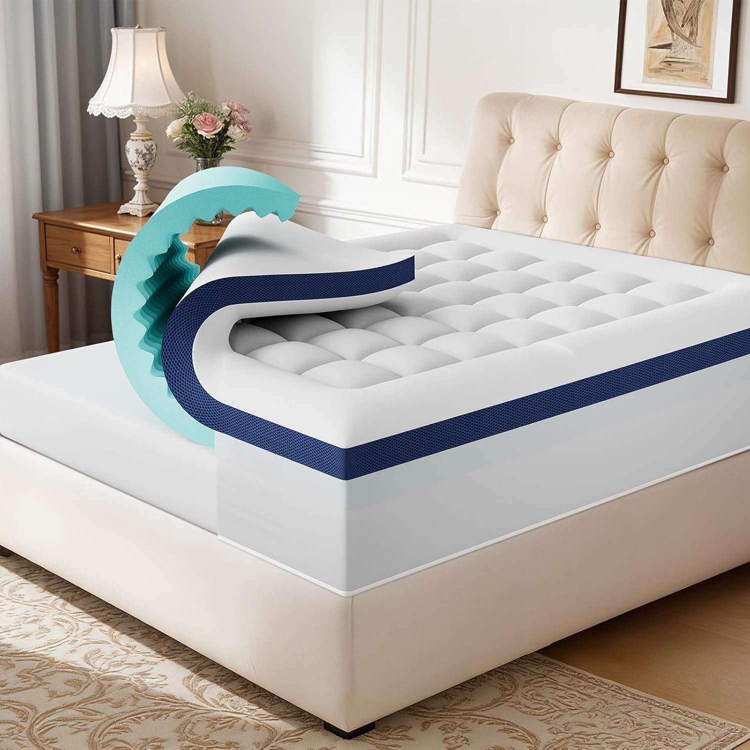 4 Inch Memory Foam Dual-Layer Mattress Topper Queen Size - 2Inch 1000GSM Quilted Pillow Top with Down-Alternative + 2Inch 5-Zone Egg Crate Memory Foam, Cooling & Breathable（Queen,60"x80"）