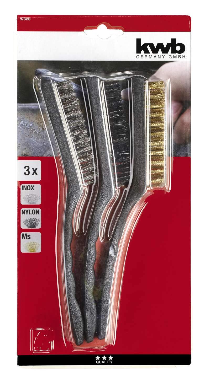kwb Hand-Drahtbürsten Satz 3-teilig, 1x Messing-Drahtbürste (Grill-Bürste), 1x Stahl-Bürste, 1 x Stahl-Bürste verzinkt