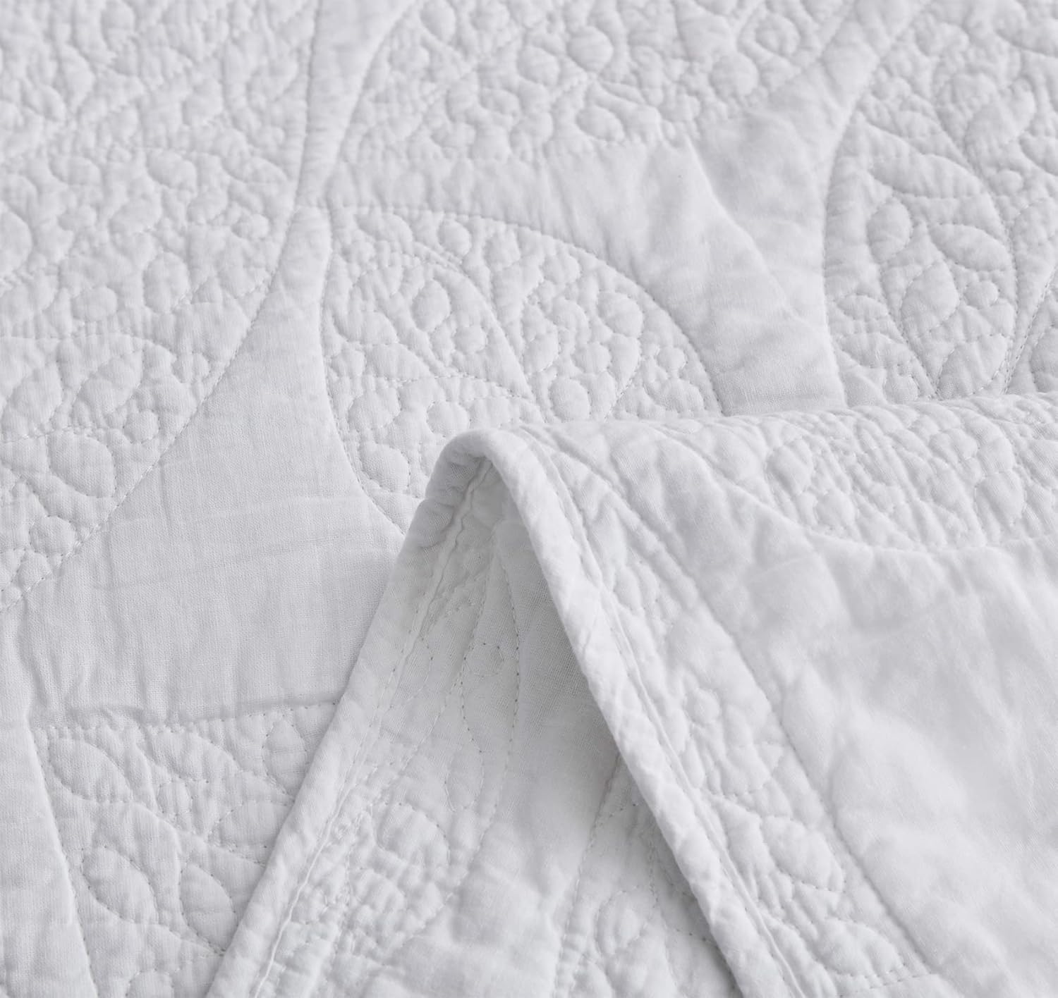 CHIXIN Botanical Cotton Quilt Queen Size - Real Stitching Leaf Pattern - Quilted Bedspread Coverlet Set, Ultra Soft, Lightweight, Reversible, 3 Piece, Pure White