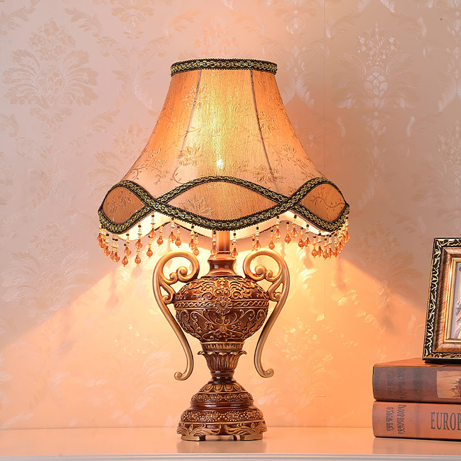 SXDMOUBK Victorian Style Table Lamp, Antique Fabric Table Lamp, European Nightstand Lamp, Decorative Desk Lamp, Floral Table Light with Fringe, Bedside Light for Bedroom Living Room Button Switch(E)