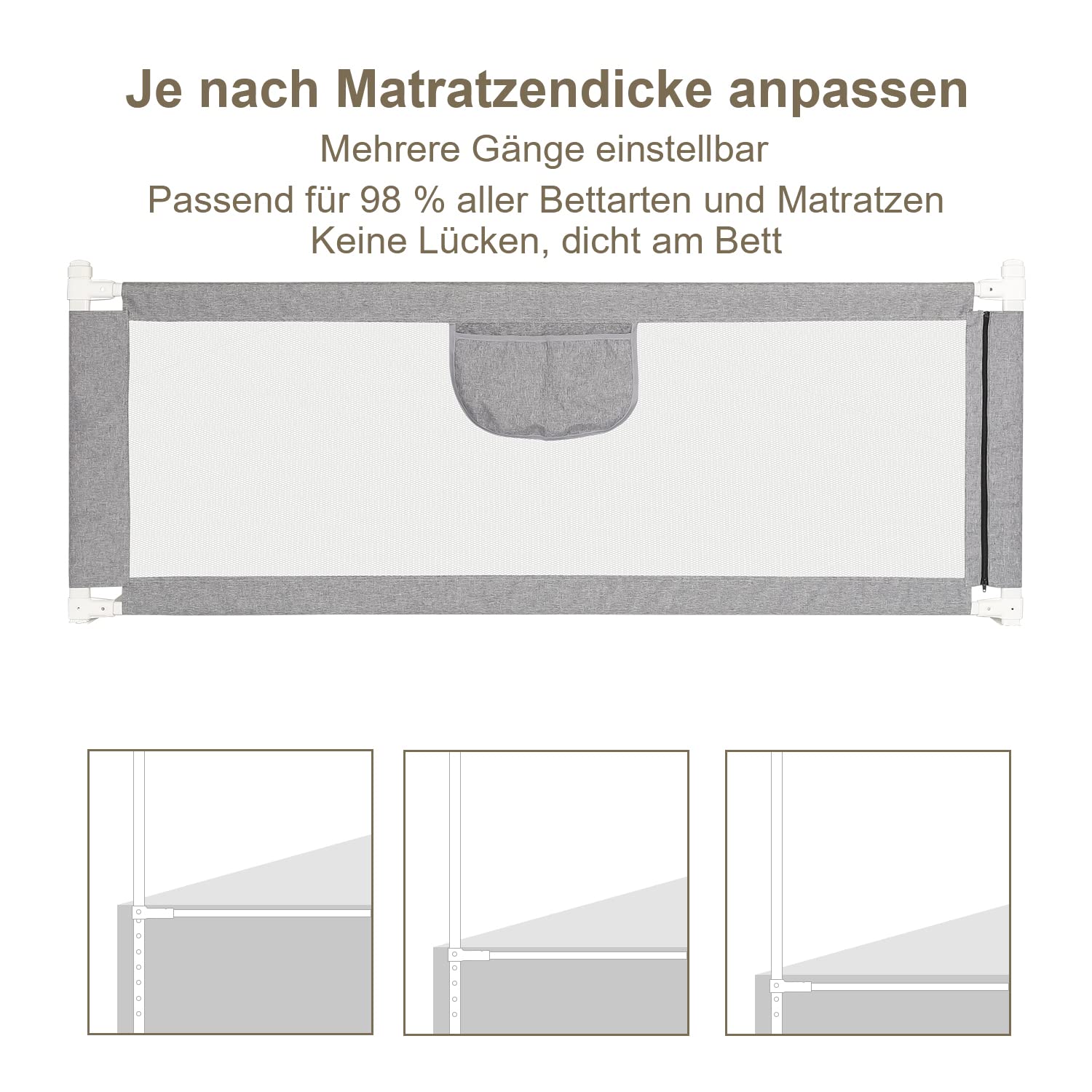 Griglia di protezione per letto per bambini, regolabile in altezza, 60-96 cm, 180 x 80 cm, per lettini, colore: grigio