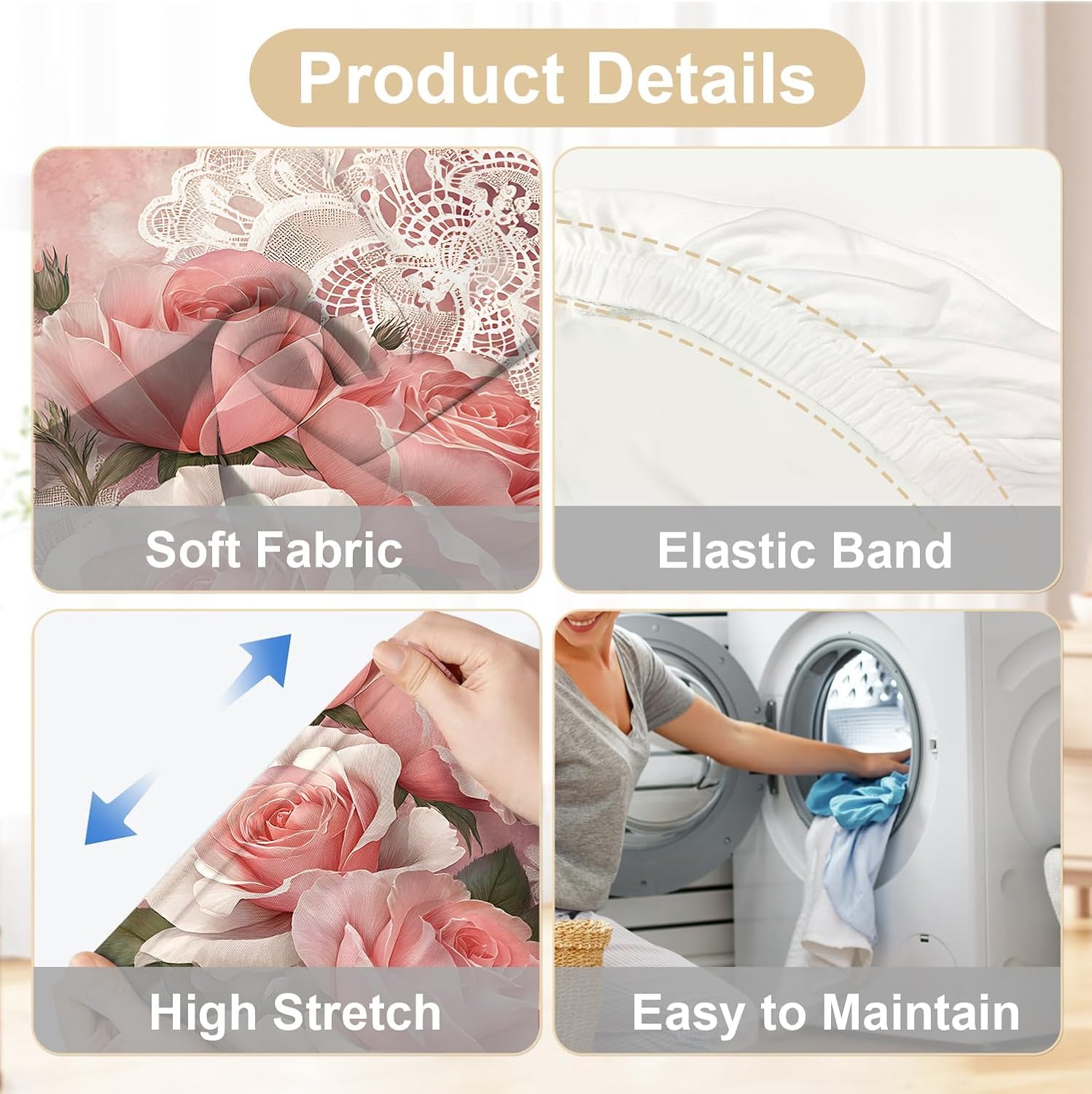 Dining Chair Covers Set of 6, Stretch Spandex Parsons Chair Slipcovers, Pink Rose Floral Lace Pattern, Removable Washable Dining Room Kitchen Chair Protectors