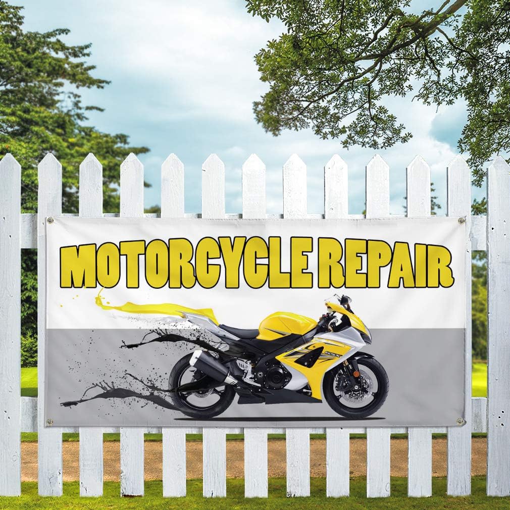 Vinyl Banner Multiple Sizes Motorcycle Repair Advertising Printing Automotive Outdoor Weatherproof Industrial Yard Signs White 4 Grommets 16x40Inches