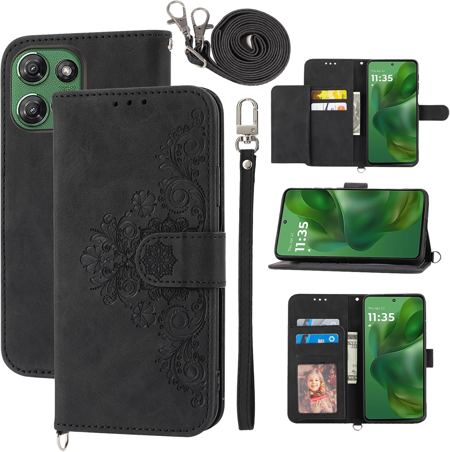 Wallet Case for Motorola Moto G Power 5G 2025 with Wrist Strap Crossbody Shoulder Strap, Embossed Leather Flip Credit Card Holder Accessories Cell Phone Cover for XT2515-1 Women Girls Black