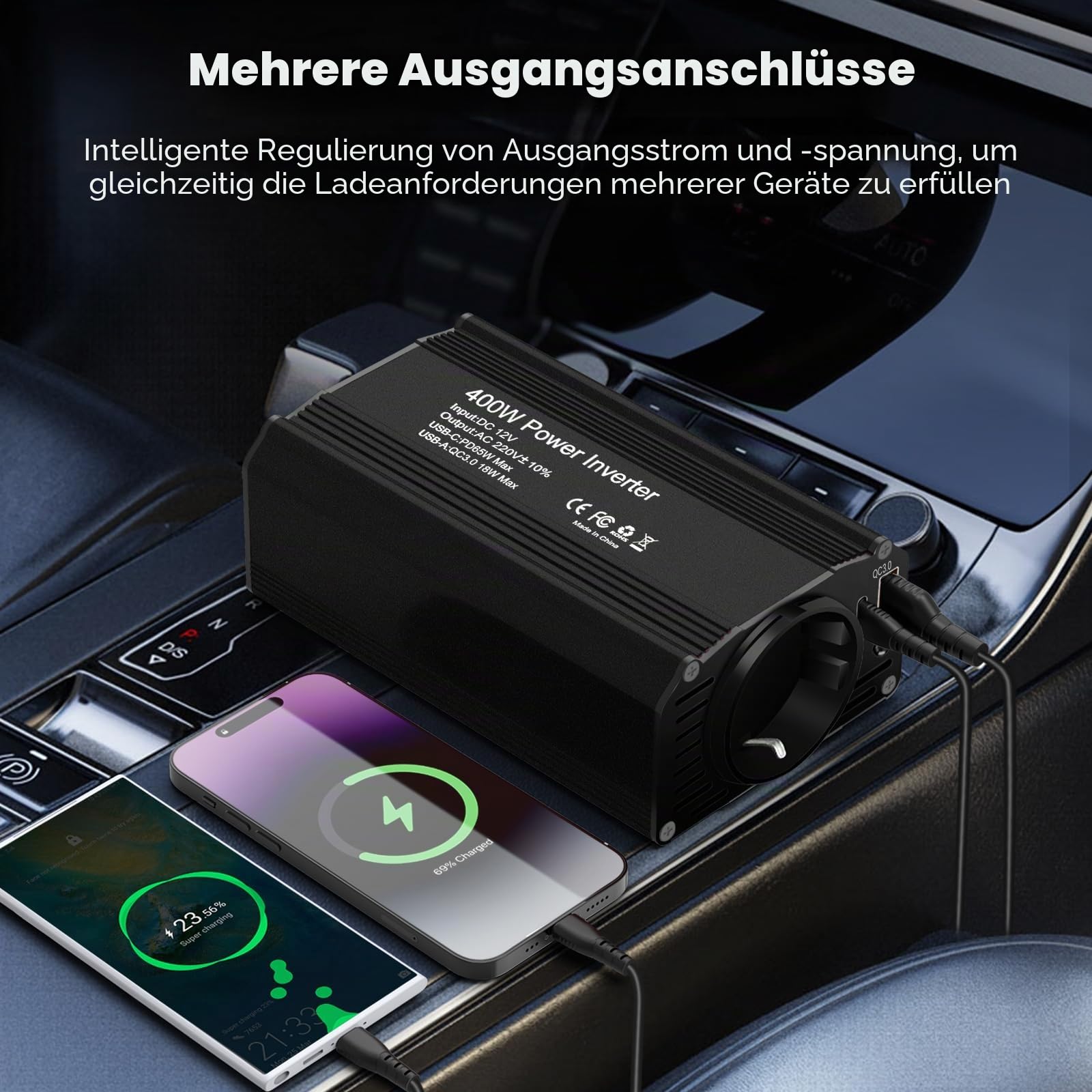 400W Auto Spannungswandler Wechselrichter DC 12 V auf 230 V mit Zigarettenanzünderstecker,1 Steckdosen und PD65W USB-C und USB-A Anschluss für Auto, Laden von Handys, Laptops und Anderen Geräten