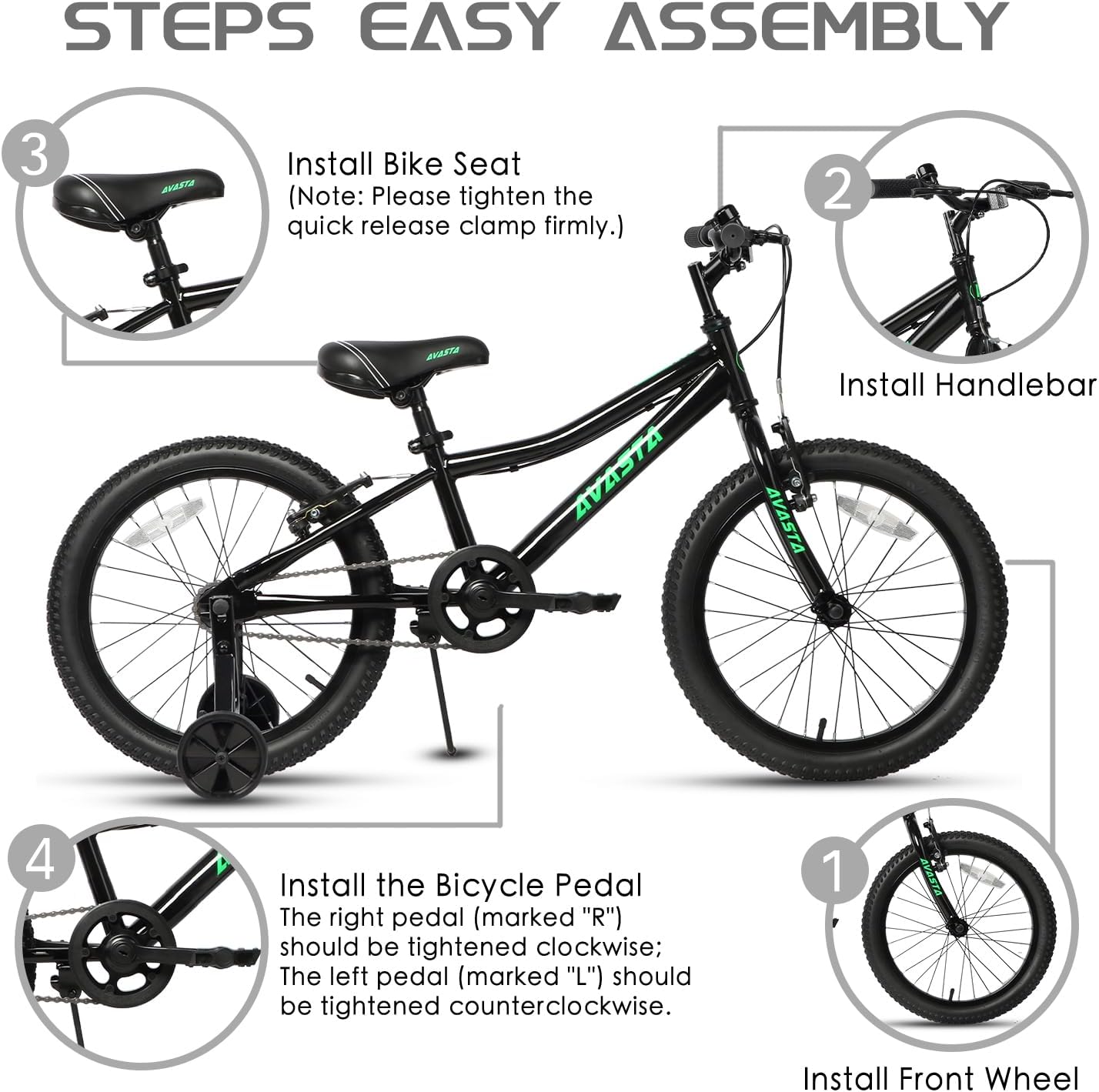 avasta bilbo 18 20 24 inch kids bike for boys girls 5-14 years old, retro style high carbon steel bicycle with adjustable handlebars and seat, dual v-brakes, kickstand, multiple colors black 18'' with training wheels & kickstand