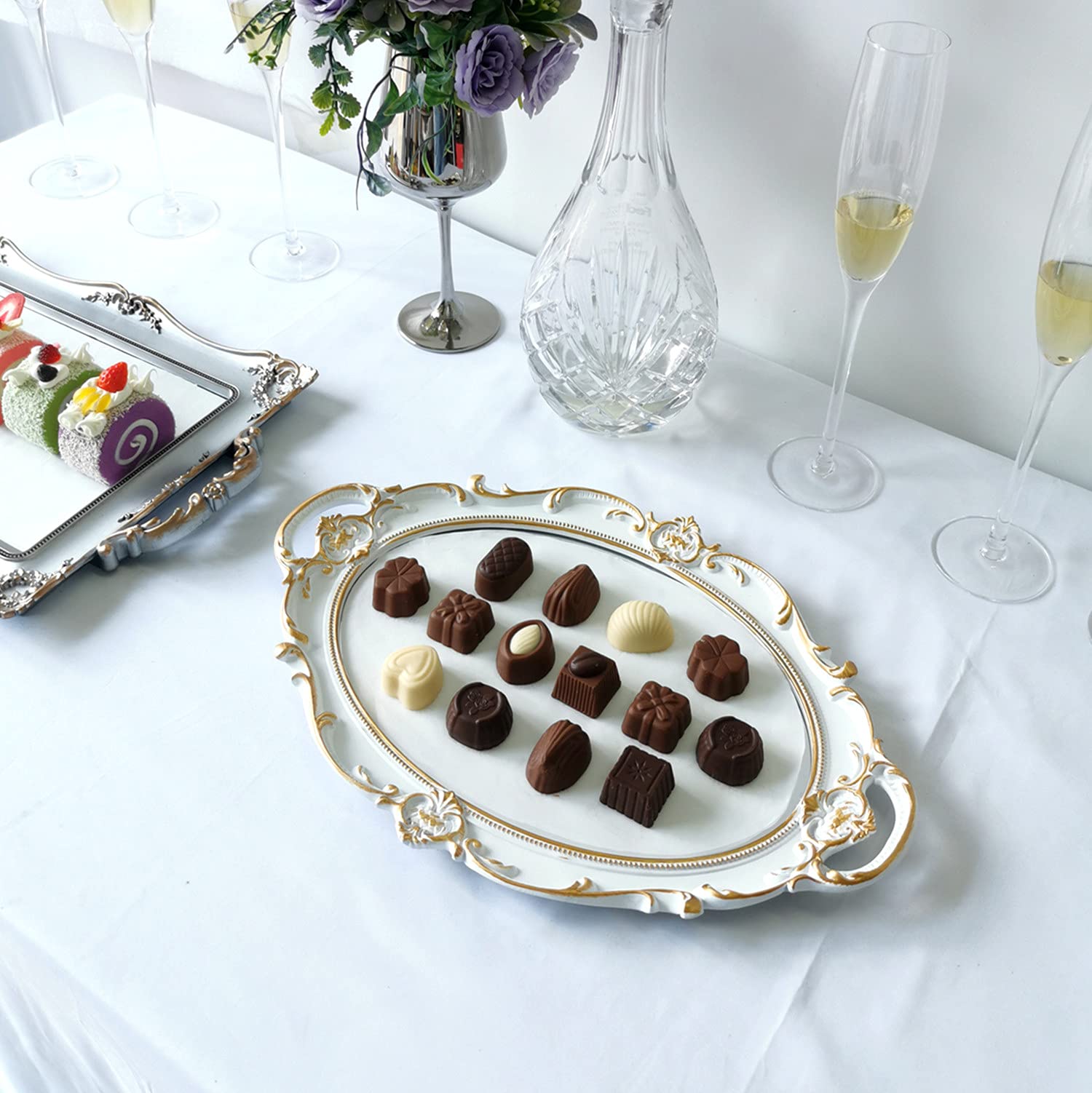 Yamfurga Oval Decorative Mirror Tray, French Style, Makeup Organizer, Jewelry Organizer, Serving Tray, 9.8