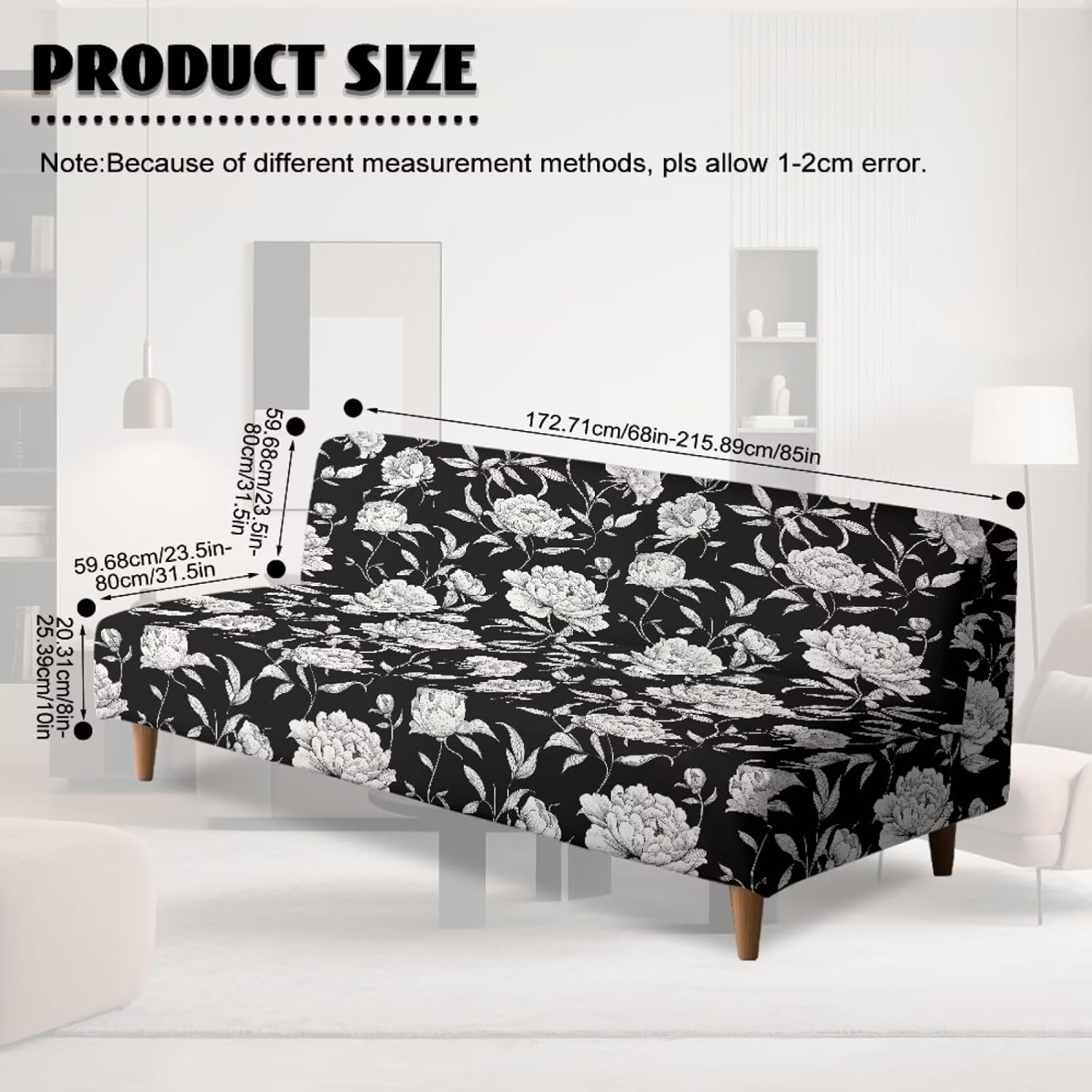 Futon Cover Washable Stretch Armless Sofa Cover Futon Slipcover Without Armrests Stain-Resistant Furniture Protector for Folding Sofa Bed Decor, Flower Black