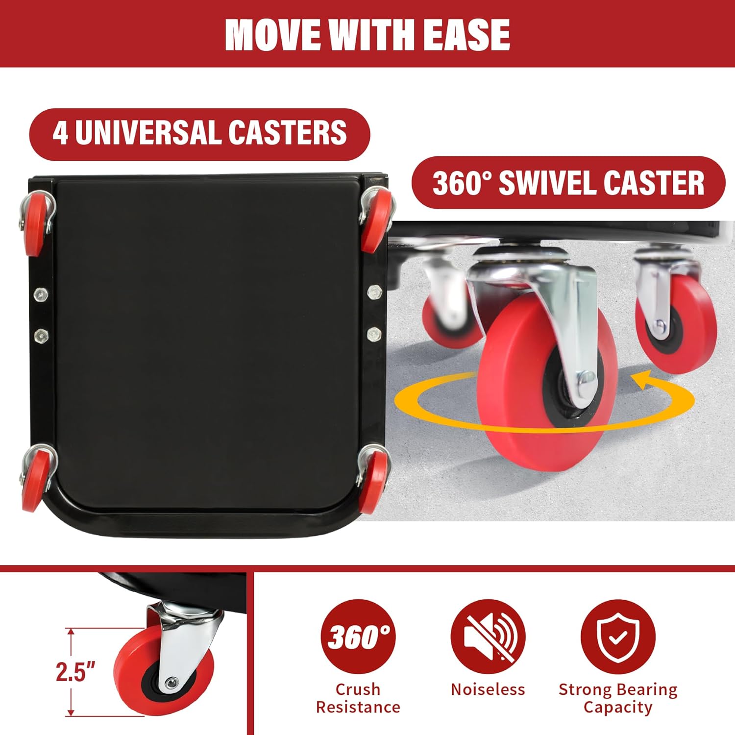 BullsArmor Rolling Mechanic Seat - Heavy-Duty Garage Shop Seat - 300 LBS Capacity - Padded Mechanic Stool with Tool Tray Storage - Durable Tubular Steel Frame - Red