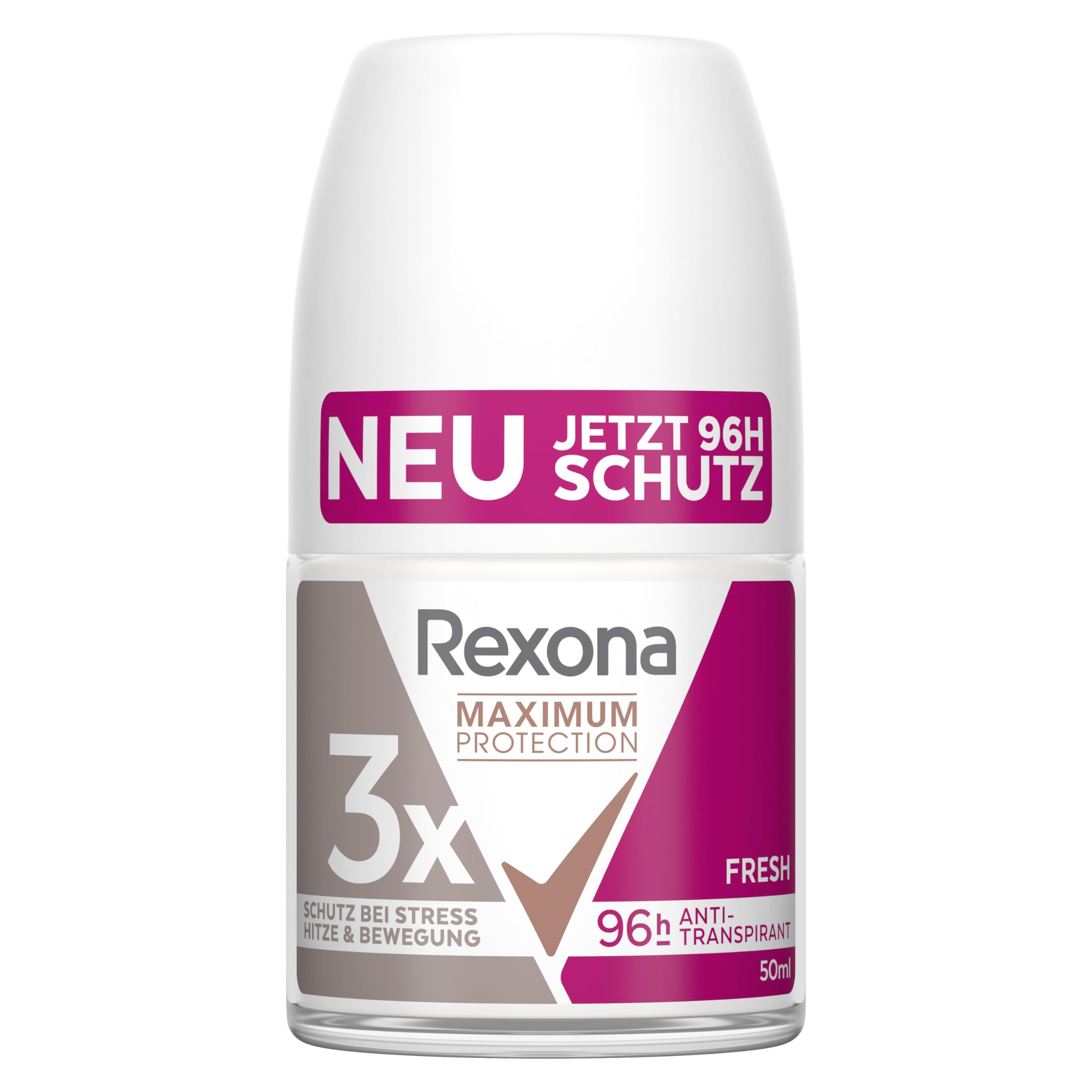 Rexona Maximum Protection Deo Roll-On Fresh antyperspirant z 3-krotną ochroną przed stresem, wysoką temperaturą i ruchem, ekstremalna ochrona 96 godzin, 50 ml