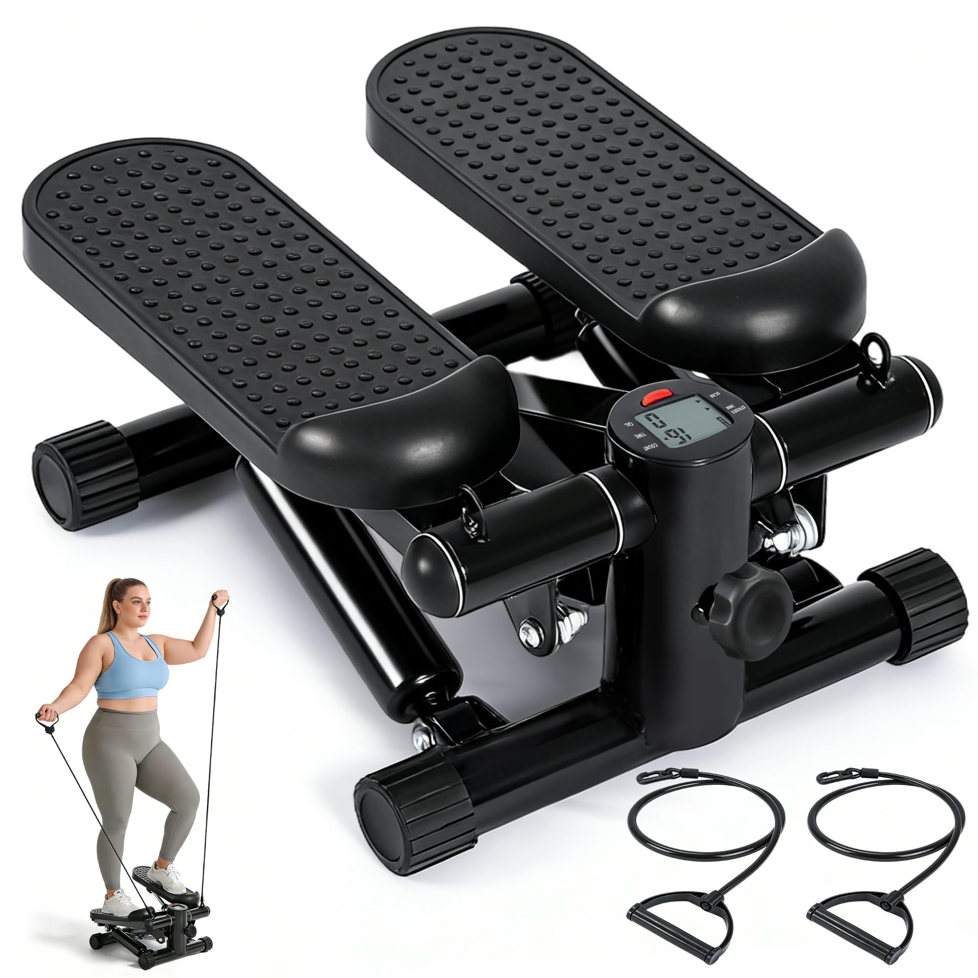 Mini Stepper - Stepper für Zuhause mit Power Ropes - 2-In-1 Ministepper für Beine & Arm - Widerstand Einstellbar - LCD-Display - Home Office Fitness Exercise