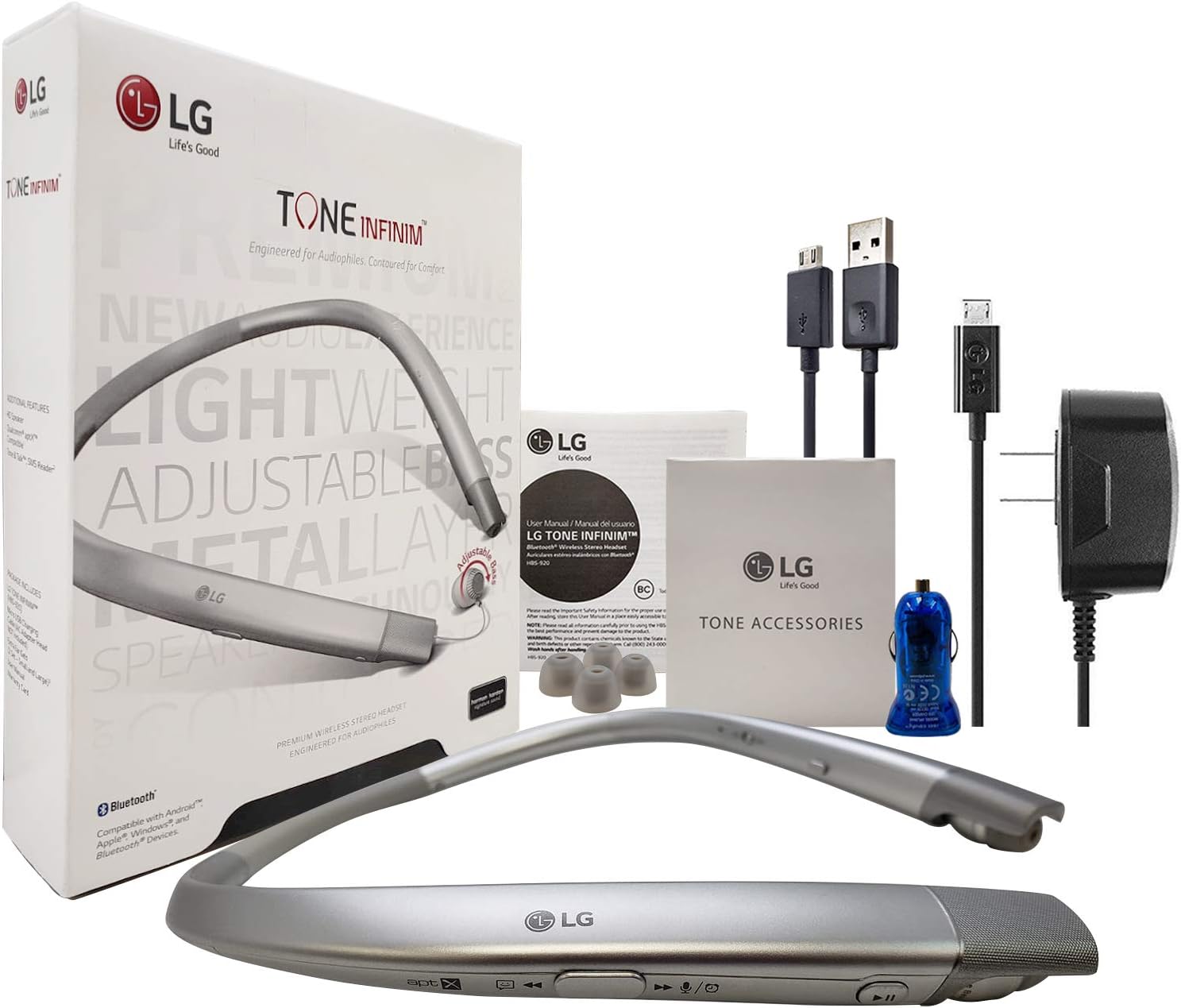 LG Tone HBS-920 INFINIM HD Silver - Bluetooth Headset Sound by - Harman Kardon Wireless Stereo Headset - with Car/Wall Charger USB, Ear Gels (Renewed)