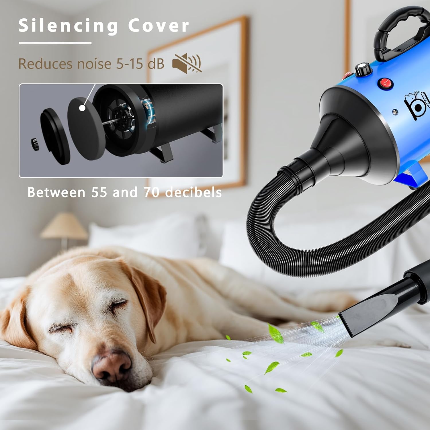 Dog Blower Grooming Dryer, Low Noise Pet Dryer Adjustable Speed and Temperature,5.2HP/ 3800W Dog Hair Dryer with Thickened Handle, High Velocity Blow Dryer for Dogs & 4 Nozzles 1 Massage Brush, Blue