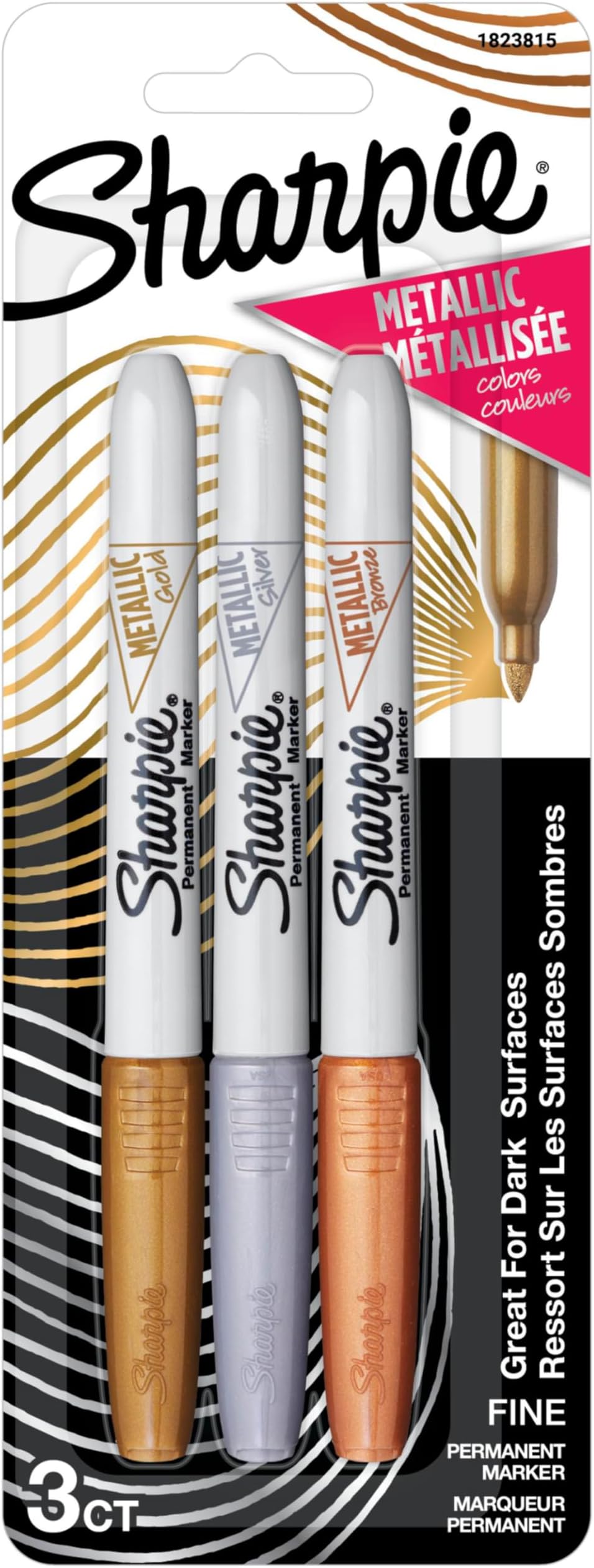 Fine Point Metallic Permanent Markers - Assorted Metallic Colours, Pack Of 3