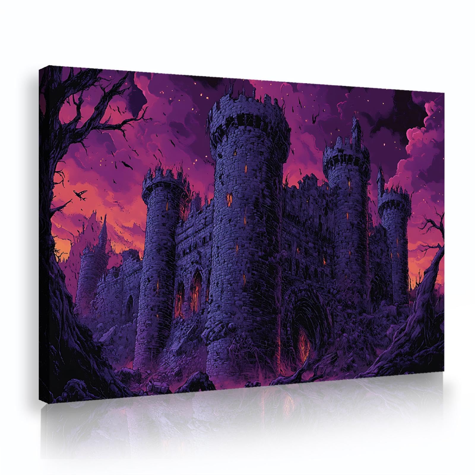 YUNART Arte murale gotica vintage notte castello spettrale e corvo poster stampa su tela per festa Ognissanti decorazione casa 45x68cm Telaio interno