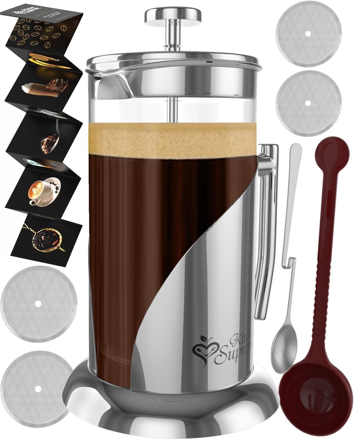 French Press Coffee Maker - BEST Presses Makers - 34 Oz, 8 Cup - The Only Encapsulated Lid Stainless Steel 304 NOT Plastic - 4 Level Filtration System & Double German Glass