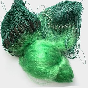 Running Water Fishing Gill Nets, Trasmallos 3 Layer Green Gill Netting, With Lead Weights And Floats, 80 Meter - 100 Meter Length, 1.5 Meter - 3 Meter High, 4 Cm - 14 Cm Full Mesh Size, Green Color