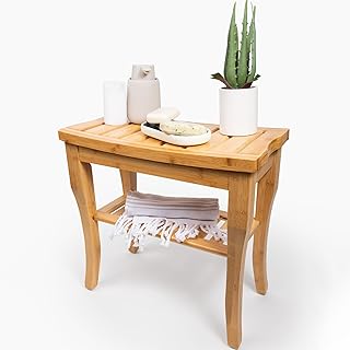 SOLENTRA Bamboo Shower Bench – Waterproof Wooden Spa Seat with Storage Shelf for Bathroom, Sauna & Entryway – Eco-Friendly Bath Stool Available in 3 Sizes (1, 19)