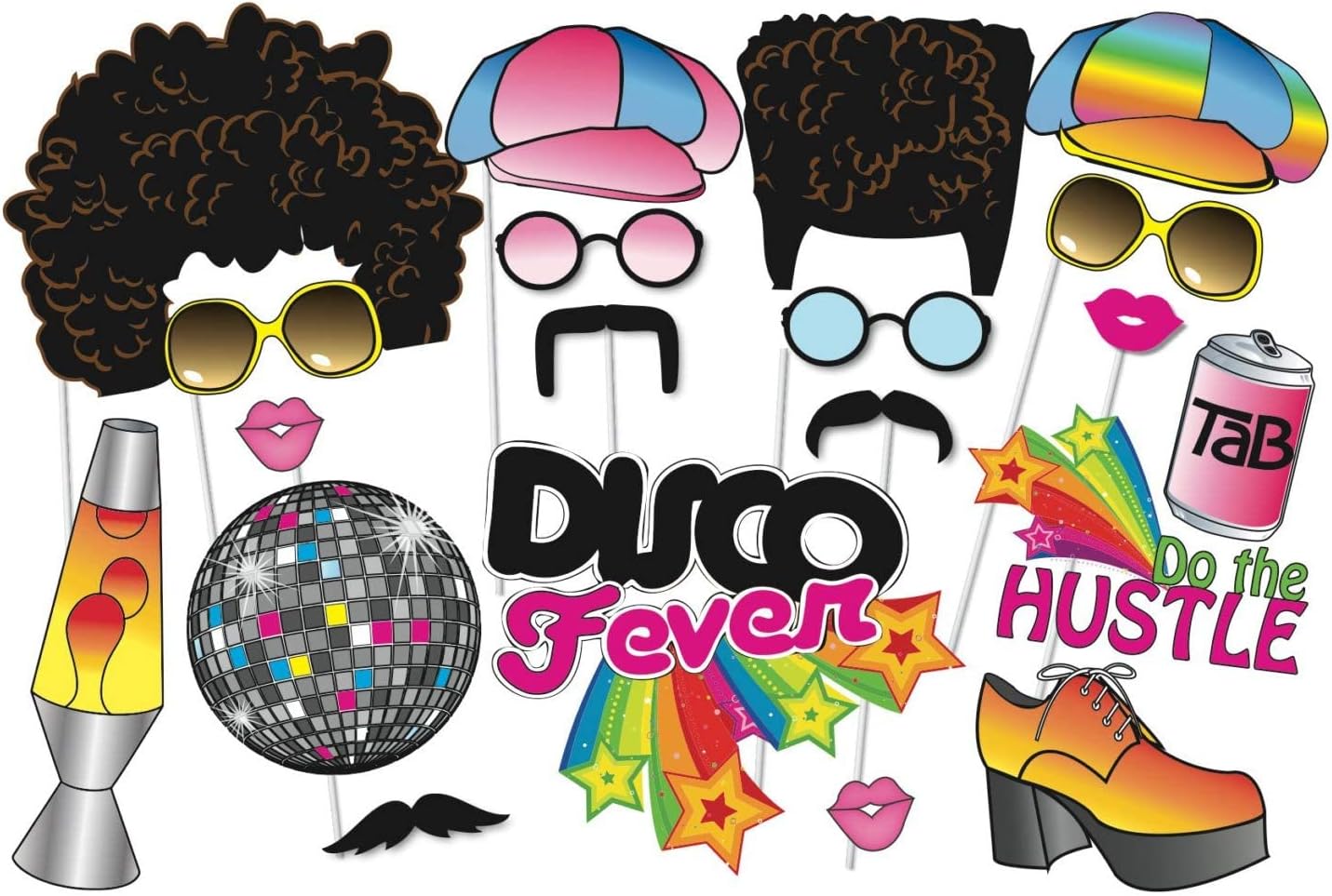 70's Photo Booth Props, 1970s Disco Throwback Party Theme Decorations, 20 Pieces with Wooden Sticks for Hippie, Disco Fever, Woodstock Party